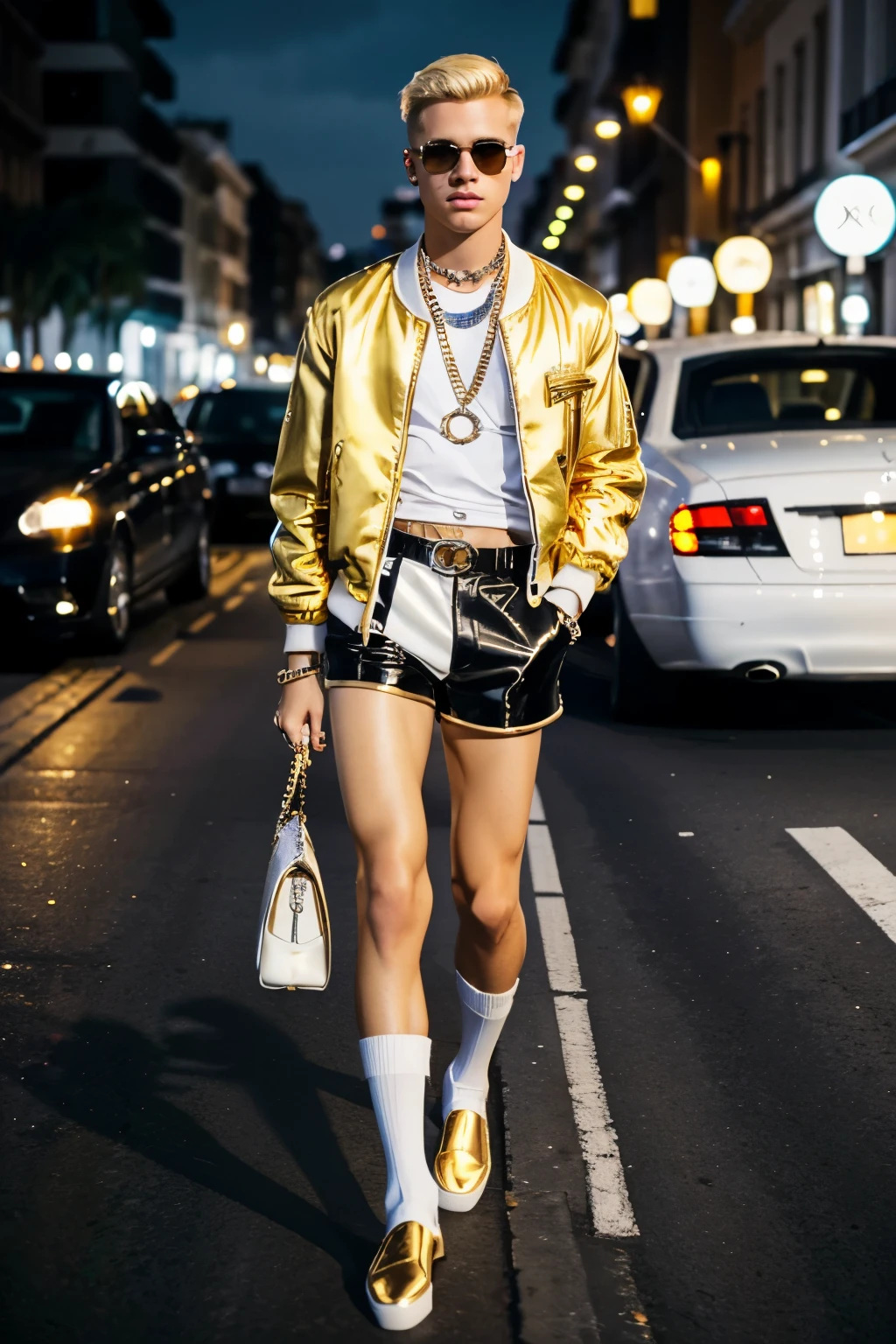 young arrogant blond undercut short hair fashion guy wearing white luxury patent loafers, long white socks, black shorts, white Chanel bomber jacket, lots of golden and diamond rings, necklaces, bracelets, extremely long golden nails, walking drunk in the street at night