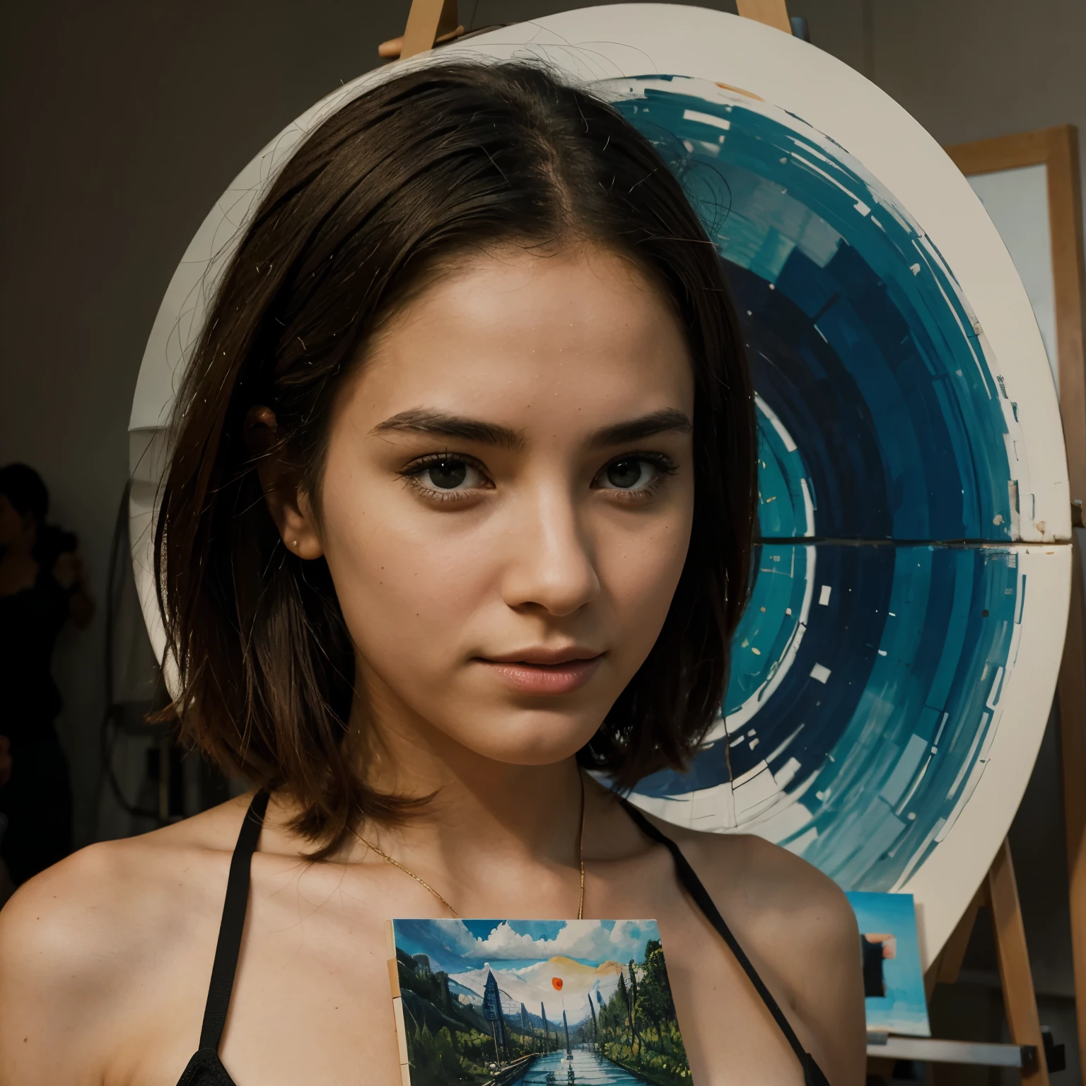 be an artist and draw me an artwork that reveals a human person in the amids of technology