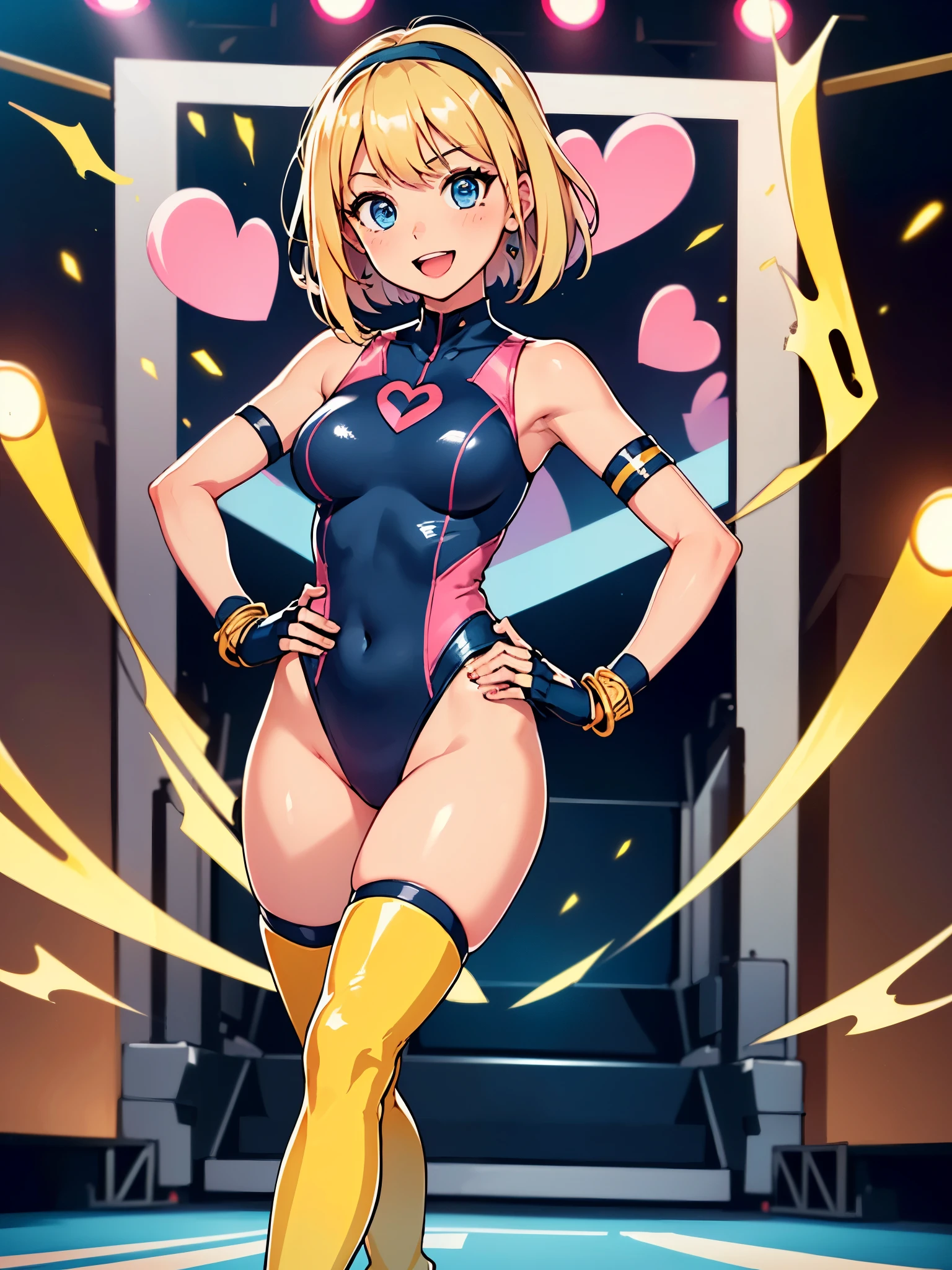 masterpiece, best quality, 1girl, ((bangs, blonde hair, armpit length hair)), ((black headband)), blue eyes, beautiful detailed eyes, beautiful detailed face, cute face, perfect hands, complete fingers, perfect anatomy, perfect proportions, ((leotard, gymnastics leotard, dark blue leotard)), ((boots, yellow boots, yellow footwear, high heels)), breasts, medium breasts, covered navel, ((blue fingerless gloves, yellow bracelets)), (full body portrait), hand on hip, hands on hips, ((pink heart logo on chest)), (stage lights), looking at viewer, smile, :d, solo, solo focus, standing, body infused with yellow aura, cowboy shot