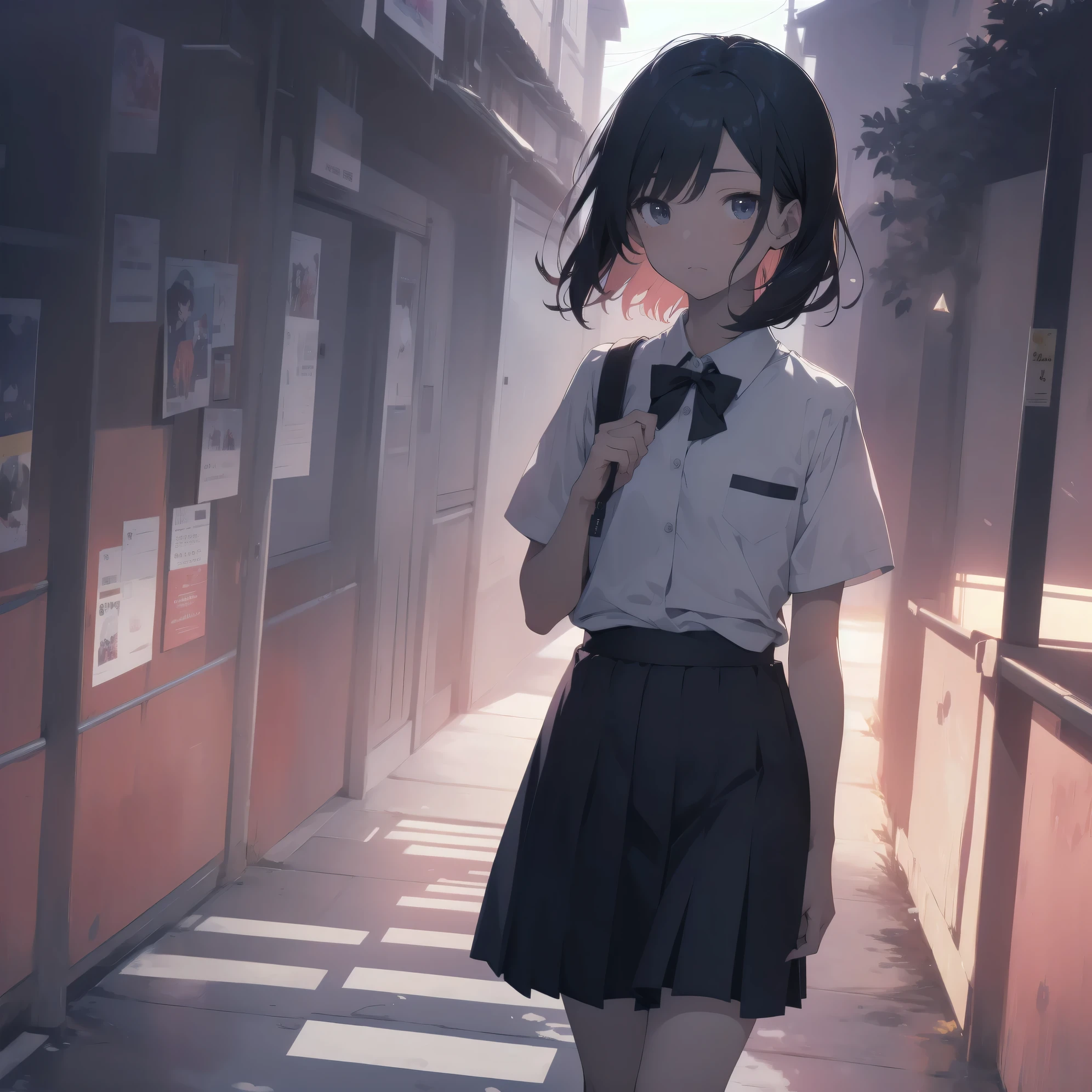 ultra-absurdres-Top quality by artist God, ultra-detailed, high resolution, anime moe artstyle, best anime 8k konachan wallpaper, pixiv contest winner, pool:2810, perfect anatomy,break, 1girl, (Please draw a girl walking sleepily to school alone. )break,(Solo,little female, 13-year-old:1.3),Full limbs, complete fingers,a junior high school student,  (very short hair), short cut, flat chest, , small butt, small black eyes, beautiful detailed eyes, well-proportioned iris and pupils, expressive eyes, highres detailed hair, soft expression, school_uniform, official_alternate_costume, pleated skirt,(Detailed Lighting), (Detailed background), in the School commute route. break,super detailed skin, Best cinematic lighting powered by famous artist, 8k,beauty illustration,photoshop_(medium),very aesthetic,break,((artist:yaegashi_nan )), artist:akinashi yuu ,artist:oyari ashito ,artist:kantoku ,