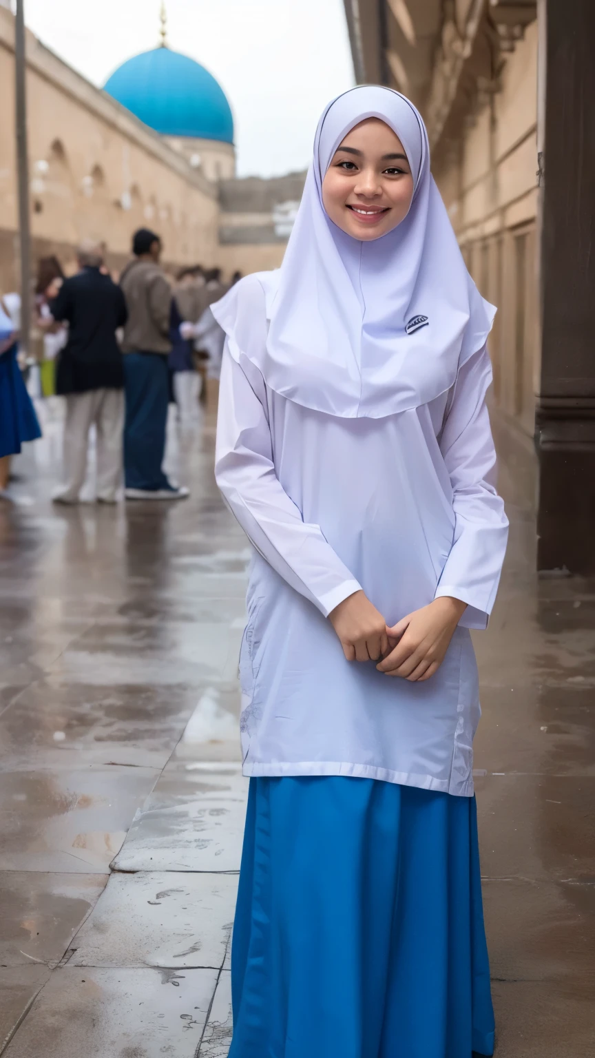 1girl, (white dress), wearing hijab, ((blue skirt)), long sleeve, (), tiny, chface, beautiful, py, blushing, flawless, best quality, masterpiece, ultra high resolution, (photo realistic:1.4), raw photo, (large breasts,full body:1.2), look at camera, smile, (in the mosque background),