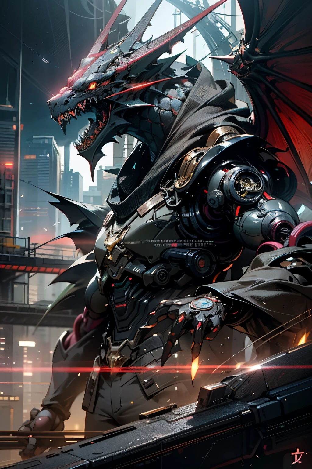Dark_Fantasy, Cyberpunk, (dragon, futuristic dragon), One-of-a-kind creature, Mechanical marvel, Tech-infused mythical beast, Cybernetic dragon,

In this intriguing scene, a dragon unlike any other dominates the landscape. Its pearlescent scales shimmer in the neon-lit night, reflecting the electric buzz of the futuristic cityscape that surrounds it. This dragon is a creature of the modern age, a testament to the merging of technology and myth.

The dragon's head sports an elaborate dragon helmet, its elongated snout adorned with red, glowing eyes. The helmet