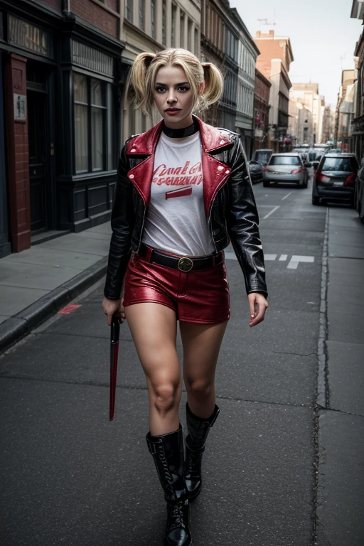 The Joker (woman) showing off legs in the bronx, legs in a legshow with (black high heels:1.1), wearing red leather coat and bikini bottom,  high detail, sharp focus, photorealistic, moody, hyperdetailed, 8k,  depth of field, ( front facing:1.1), city in the background, psycho, psychopath