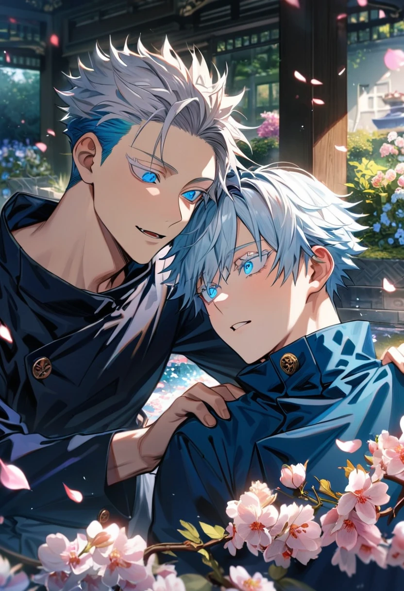 absurdres, highres, ultra detailed, HDR, master piece, best quality, Gojo Satoru, white hair with bangs, white eyelashes, expressive blue eyes, Jujutsu Kaisen, Chongyun, brown hair, expressive blue eyes, 2men together, gay couple, handsome, petals, garden, blossoms