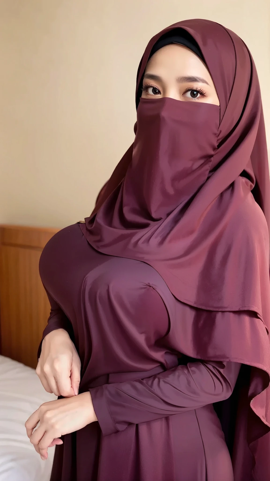 50 years Old, Hijab Indonesian mature woman, Big Tits : 66.9, Gamis, Breast out from her clothes : 1.9, at doctor office, Dark light, at Nighttime