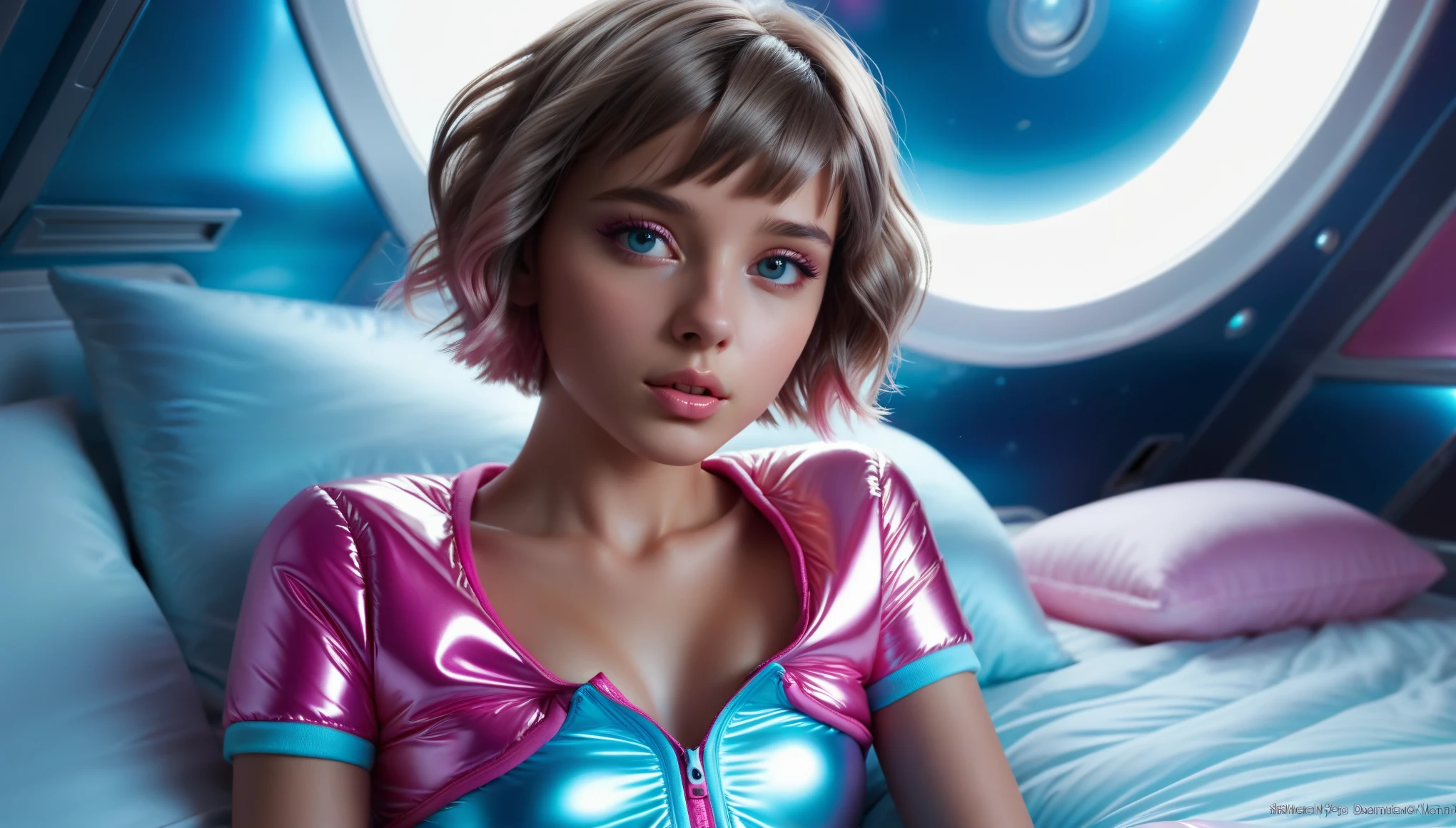 Masterpiece, Best Quality, (The play of light and shadows), depth of field, ((cute girl in a shiny puffer, light blue, pink, short sleeves, small perky breasts, extremely detailed face, detailed eyes, detailed lips, random short hairstyle, small hips, in a spaceship, on a bed))