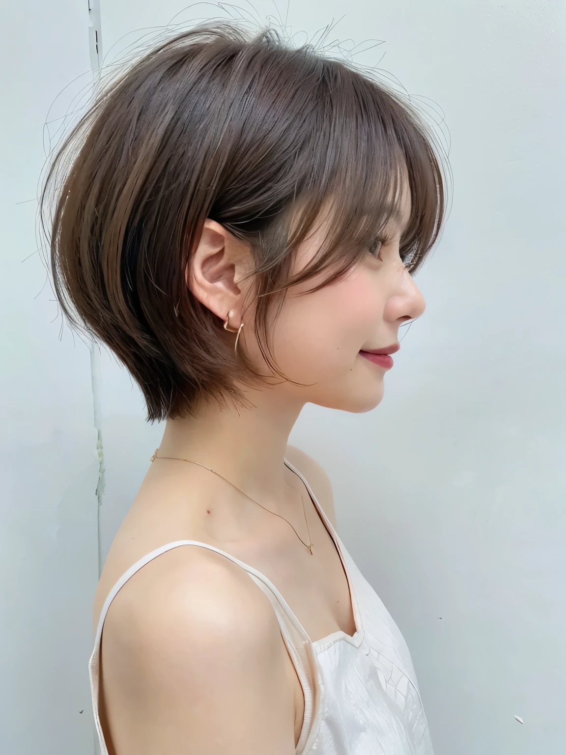 table top、white wall、Taken in front of the white door、(窓のあるwhite wallの部屋)、(8K、Raw photo、highest quality、masterpiece:1.2)、High-definition RAW color photo、professional photos、(realistic、フォトrealistic:1.37)、Photographed in natural light、1 girl、laughter、various poses、spring clothes、 Simple Necklace、(Beautiful profile:1.3)、Don'don't look at the camera、profile、shortcut、((Gray hair color))、short hair、Photographed in natural light、earrings、pastel colored blouse、normal human face、Normal eyes、dark brown eyes