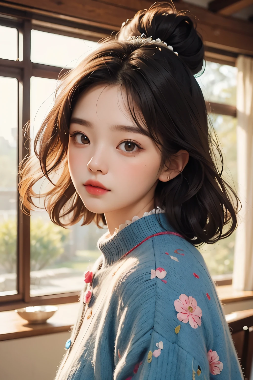 masterpiece, best quality, 8 thousand, 24 years old, photo beast, absurd, award-winning portraits, pure, korean beauty, spring, A colorful and stylish room, laces, cute, right, healthy, Beloved, perfect hands, Innocent Girl, fluttering hair, Random Actions, 무작위 clothes, (clothes:random multi color), Popular hairstyles in Korea