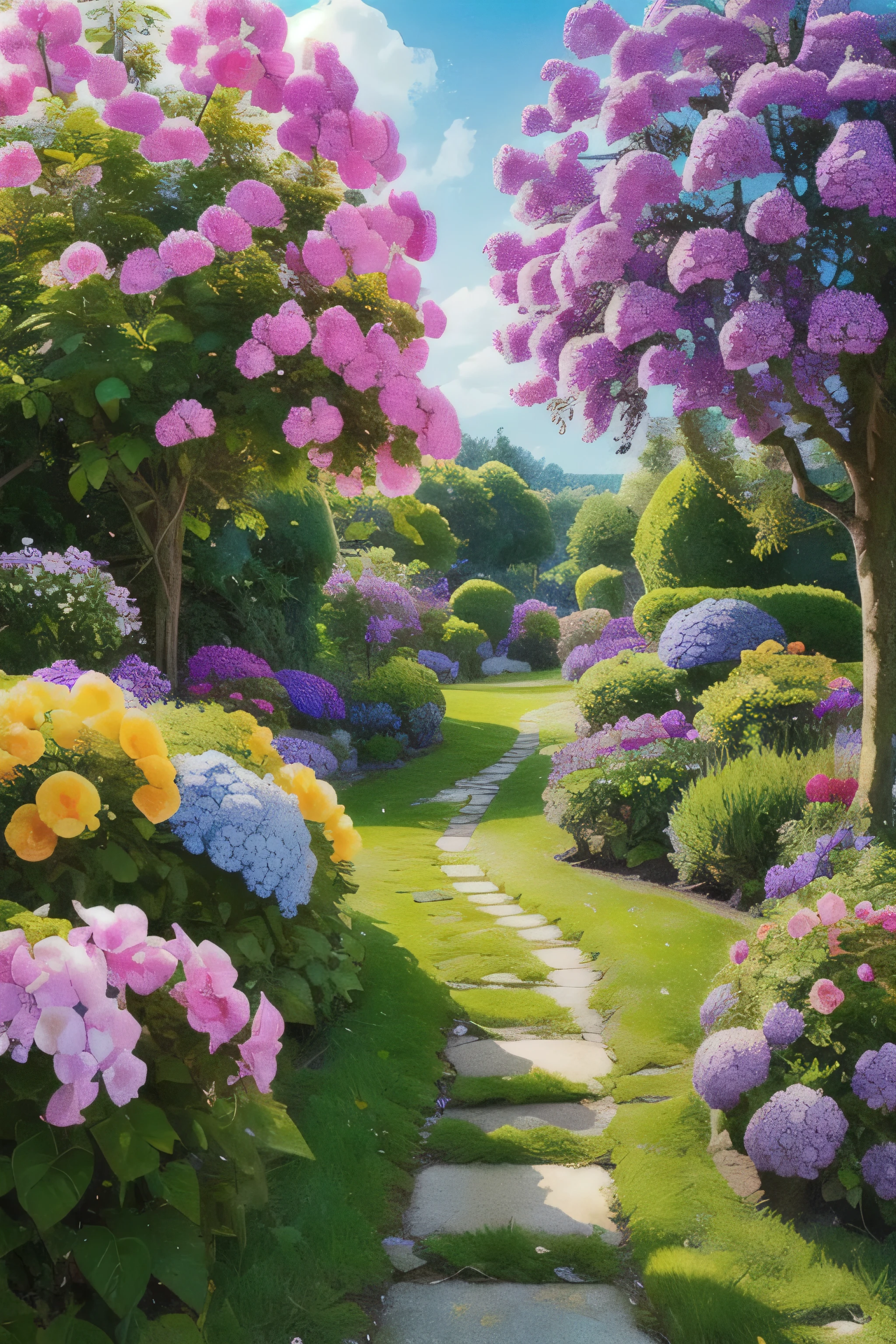 (realistic:1.5) Blue hydrangea、bright colors、Fairytale Landscape, scenery, null, hydrangea, purple flowers, sign, garden, green theme,