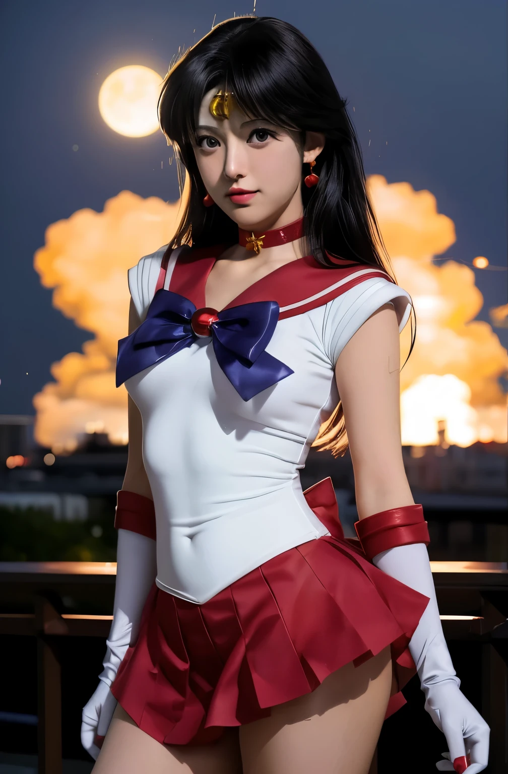 sailor mars,短いスカートと蝶ネクタイをつけて写真を撮るsailor suitの少女, anime girl cosplay, cosplay photo, anime cosplay, full-cosplay, sailor suit, cosplay, sailor moonへ, ayaka cosplay, glamourous cosplay, professional cosplay, publicity cosplay, sailor moon!!!!!!!!, the sailor moon. beautiful, realistic cosplay, sailor moon style, Combining Fujifilm and animation styles