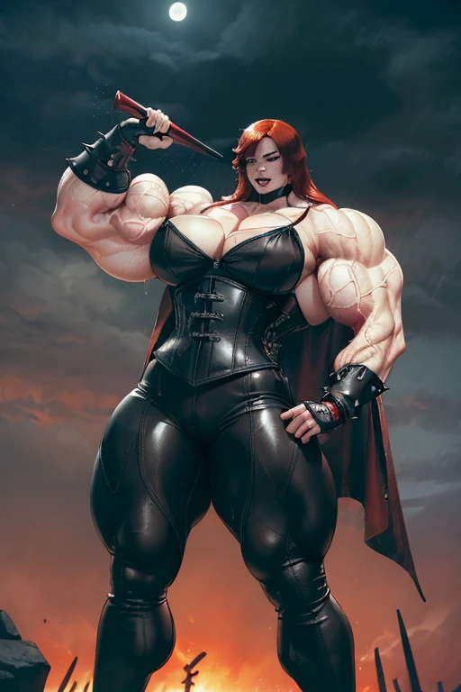 (((((Massive, tall, beautiful, buff, wet, pale white skinned muscular asian woman with red hair, black lipstick, ginormous bulky muscles, wearing a black leather corset with tight pants and hooded cape))))), (red background), close view, ((massive muscles)), massive biceps, hyper muscle shoulders, hyper muscle triceps, (long hair), glowing yellow eyes, choker, (chain belt), black spiked boots, (spiked gauntlets), (fingerless gloves), (in a raining dark island), confident smirk, night, red moon, (red skies), hyper vascular arm, hyper muscles arms, hyper muscle legs, (ginormous arms).