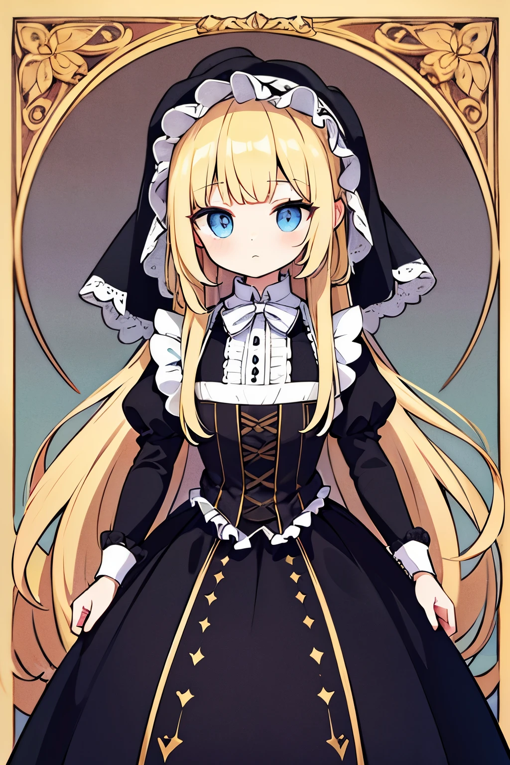 best quality, super fine, 16k, incredibly absurdres, extremely detailed, delicate, flashy and dynamic depiction, cute maid, shy, black maid uniform, veil, bonnet, ruffle frill long skirt, lace, embroidery, Medieval dress style, blonde tied updo hair style, Gothic, Romanesque, Baroque, Renaissance, Rococo, Art Nouveau, shining big round blue eyes, superlative body proportion, Northern Renaissance style, background fairytale fantasy, flower bed in the mansion