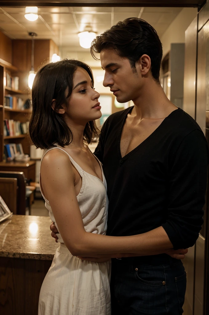 Make a cover for a book called “drama” where Camila, a brunette girl with short hair and a sweet personality, falls in love with Eduardo, a thin man with dark hair., shy but polite, os dois vivem esse romance no teatro em que frequentam juntos.