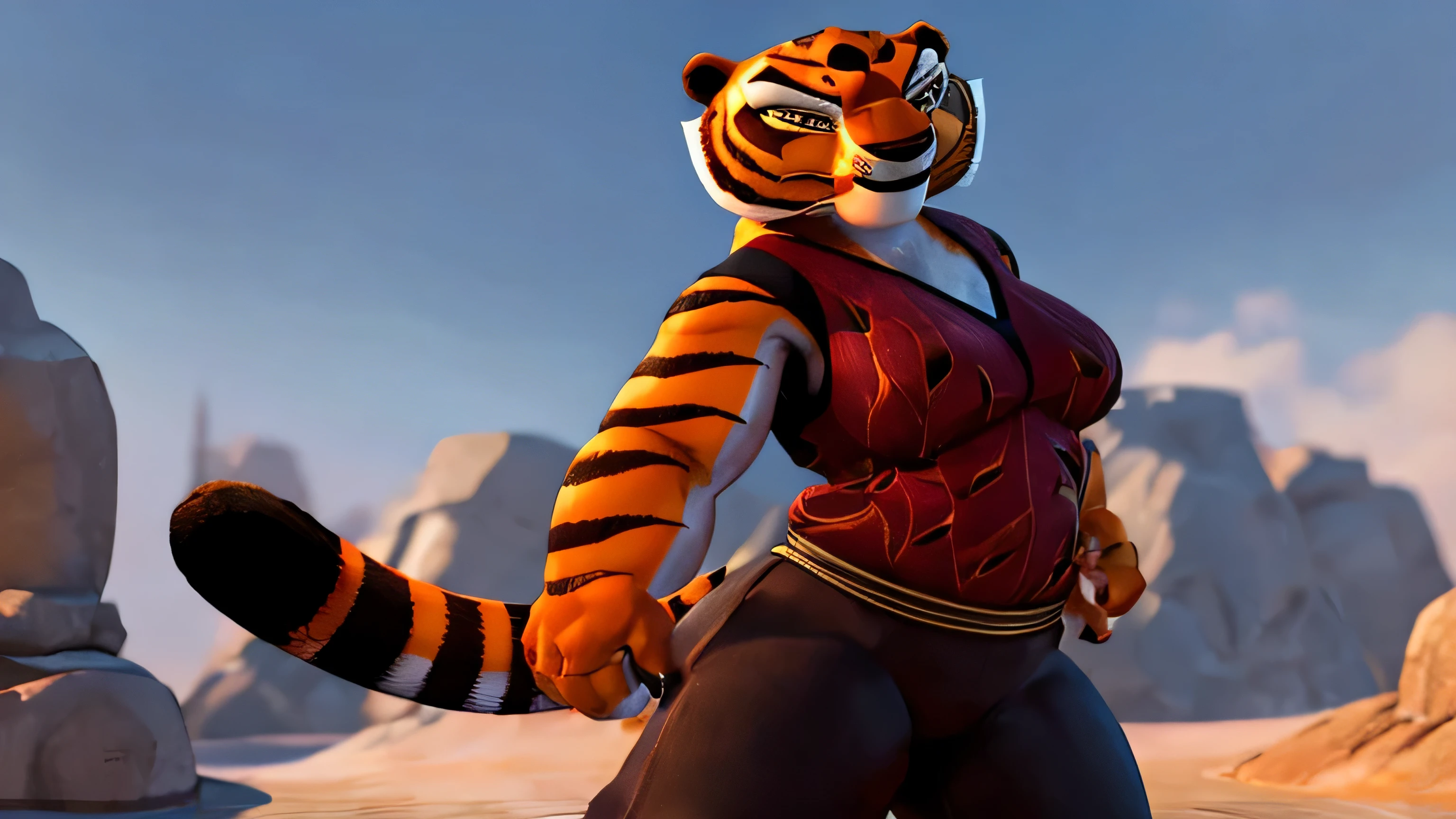 Sozinho, female, , Mestre Tigresa, colete vermelho, black pants, bunda em forma, cauda de tigre, vista traseira, (nervoso), Sorriso, standing, fundo do castelo, corpo todo, alta qualidade, 8k, 3d, estilo dreamworks