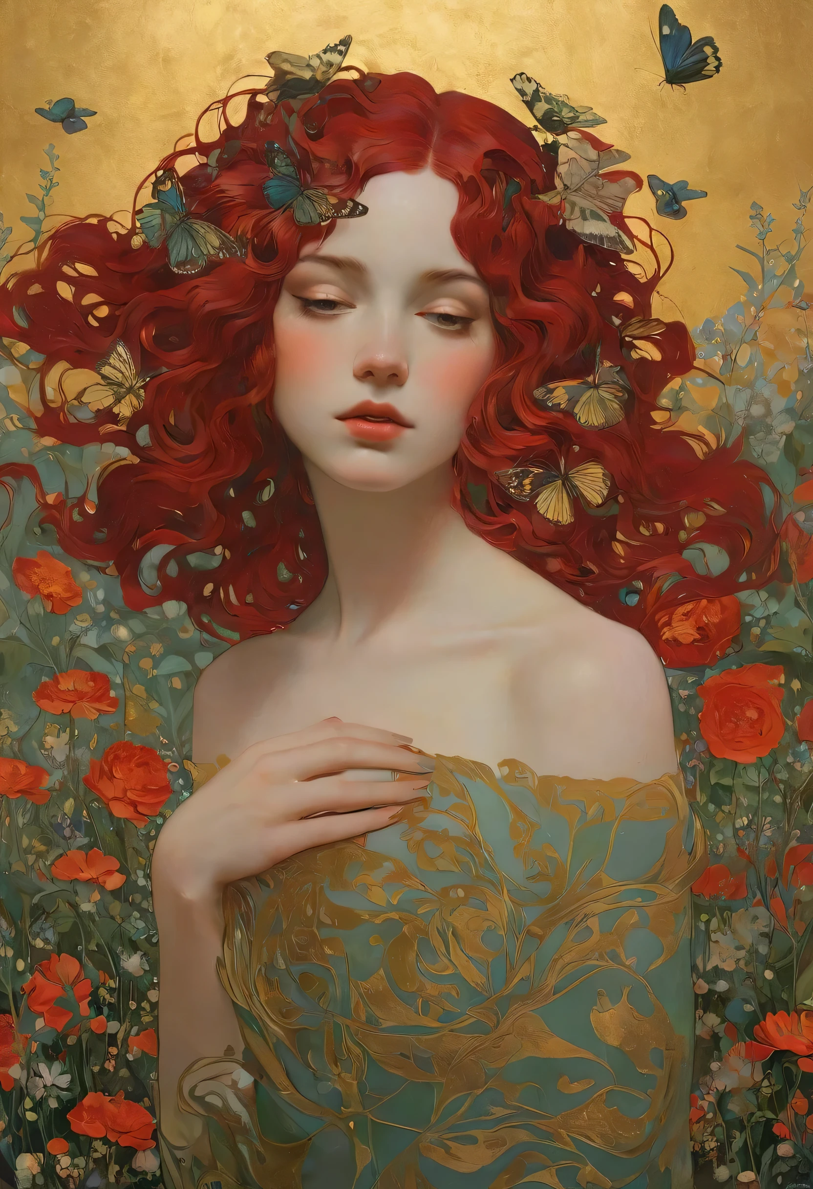 a painting of a woman with a flower crown on her head, flower goddess, woman in flowers, she has a crown of flowers, a goddess in a field of flowers, covered with flowers, mucha klimt and tom bagshaw, girl in flowers, persephone in spring, flower queen, goddess of spring, jinyoung shin art, female portrait with flowers, RAW photo of (adult:1.3),a  female burst of tangy crimson cascades,entwining magic and technology with viscous allure disappears into the shadows,in a neo-expressionist masterpiece of gold embrace,topless,small breasts,hair between eyes,(skinny, thin body:0.4),(chiaroscuro:1.3),(octane render masterpiece,masterpiece scale,beautiful depth of field,ultra wide field,ultra detailed CG perspective,ultra dynamic lighting amazing shadows,dramatic lighting), Convey the sense of inner strength and confidence. Introduce a gentle, atmospheric haze in the environment, creating a soft diffusion of light and giving the impression of gold aura and presence.