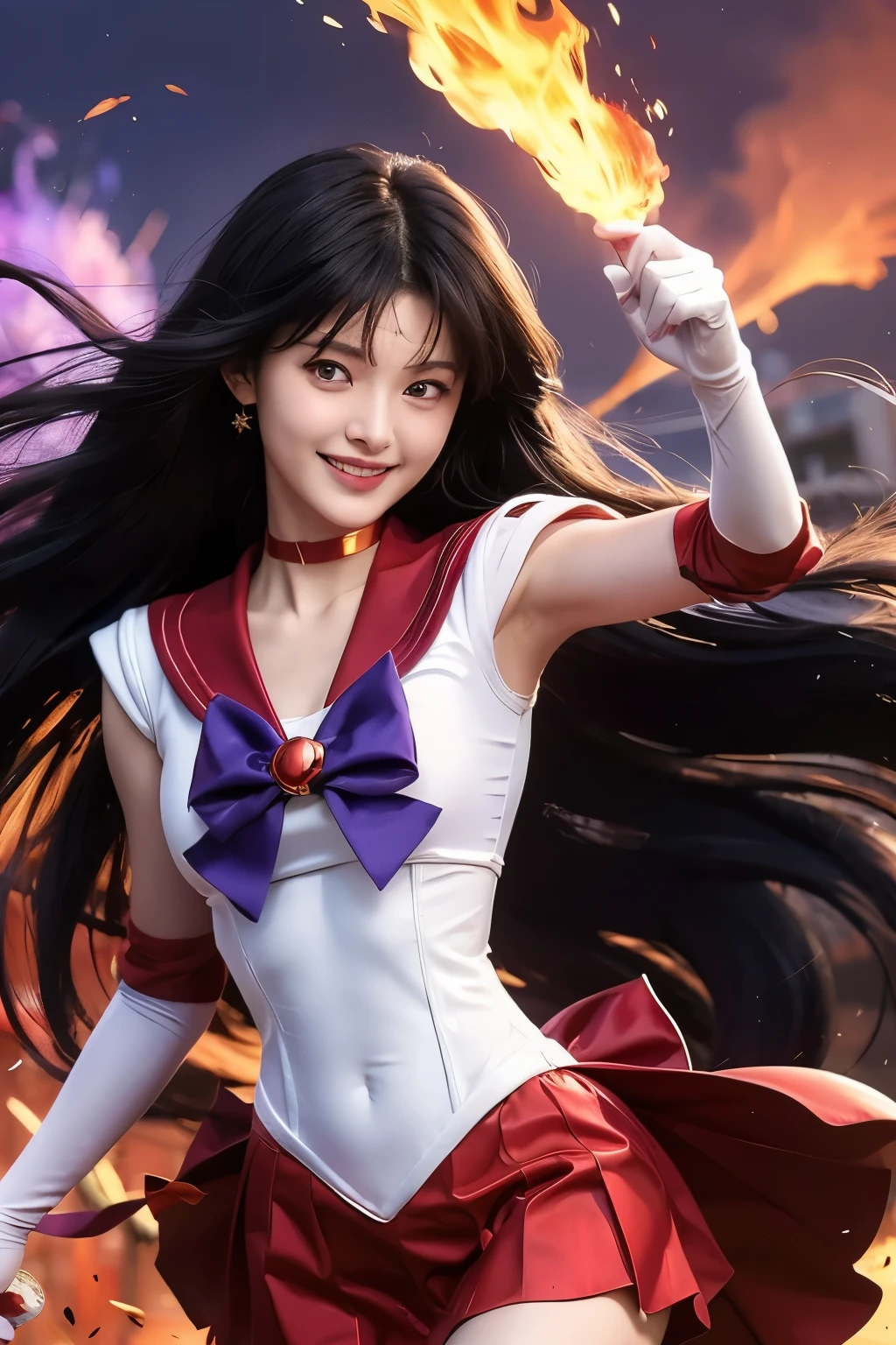 sailor mars,long black hair, purple eyes, Gold Circlet, choker, purple bow, white elbow bag, Red Sailor Warrior Uniform, red skirt, elbow bag, looking at the viewer, Severe, grin, medium shot, Hold the fire spell, fireball, outside, plain, blue sky, high quality, masterpiece, 