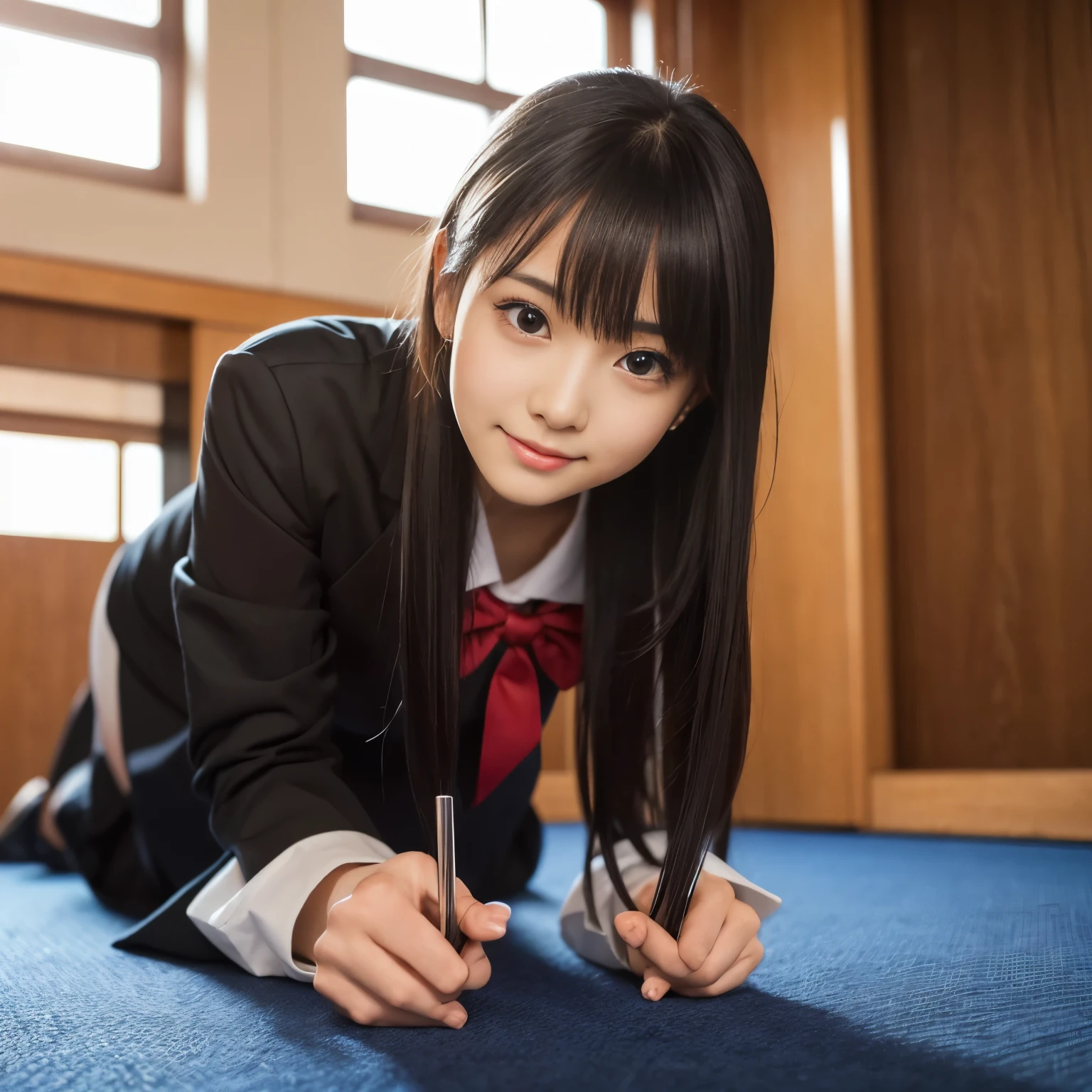 Best-quality, Masterpiece, Ultra-High-Resolution, (Photorealistic:1.4), Raw-Photo, from below, 1girl, solo, -yeld, thost popular Japanese idol, wearing only Japanese high-school uniform, ((at Japanese high-school hall-way, on all fours)), innocent-smile, (extremely cute face like the most famous Japanese idol, (extremely cute big-black-eyes), extremely cute hairstyle, extremely beautiful and extremely realistic skins), extremely cute lips, extremely cute eyelashes, extremely beautiful thighs, extremely beautiful legs