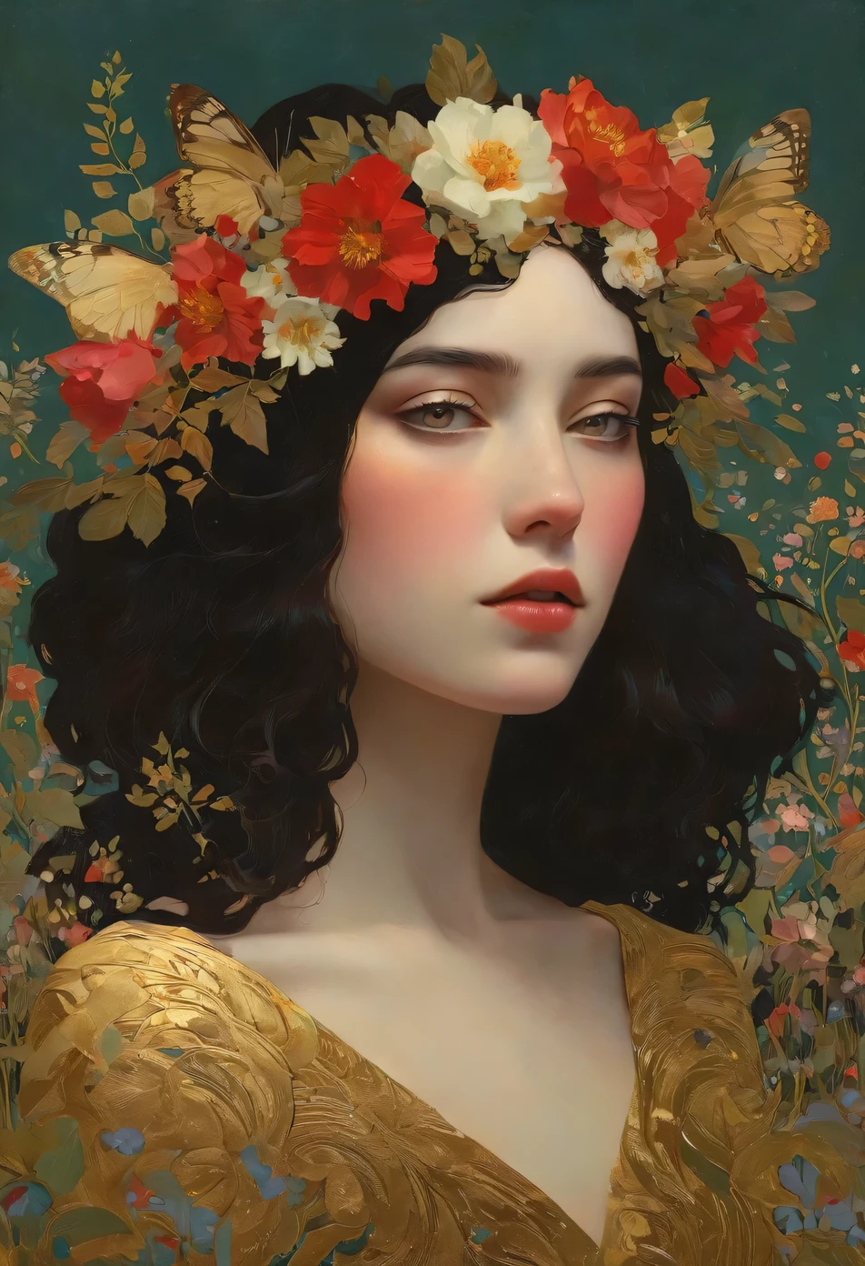 a painting of a woman with a flower crown on her head, flower goddess, woman in flowers, she has a crown of flowers, a goddess in a field of flowers, covered with flowers, mucha klimt and tom bagshaw, girl in flowers, persephone in spring, flower queen, goddess of spring, jinyoung shin art, female portrait with flowers, RAW photo of (adult:1.3),a  female burst of tangy crimson cascades,entwining magic and technology with viscous allure disappears into the shadows,in a neo-expressionist masterpiece of gold embrace,topless,small breasts,hair between eyes,(skinny, thin body:0.4),(chiaroscuro:1.3),(octane render masterpiece,masterpiece scale,beautiful depth of field,ultra wide field,ultra detailed CG perspective,ultra dynamic lighting amazing shadows,dramatic lighting), Convey the sense of inner strength and confidence. Introduce a gentle, atmospheric haze in the environment, creating a soft diffusion of light and giving the impression of gold aura and presence.