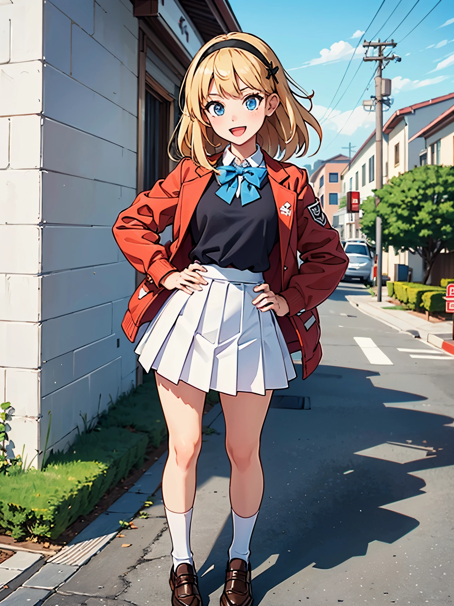 masterpiece, best quality, 1girl, high school girl, (bangs, blonde hair, armpit length hair), ((black headband)), blue eyes, beautiful detailed eyes, beautiful detailed face, cute face, perfect hands, complete fingers, perfect anatomy, perfect proportions, (bow, bowtie. blue bowtie), full body, hand on hip, hands on hips, (red jacket), looking at viewer, (skirt, white skirt, pleated skirt, miniskirt) shirt, white shirt, socks, white socks, brown shoes, solo, standing, school building backdrop, daytime, smile, :d, solo focus, cowboy shot
