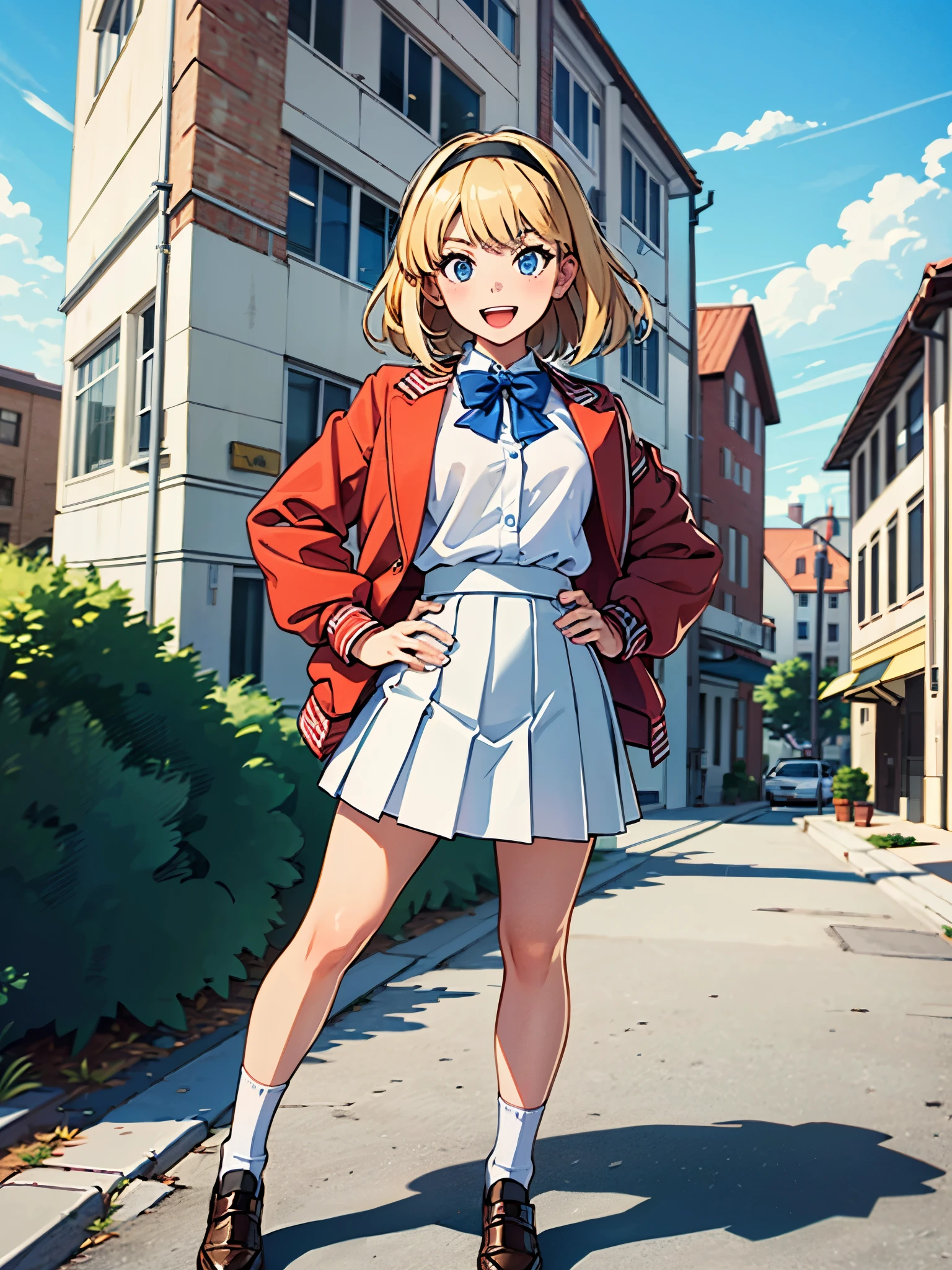 masterpiece, best quality, 1girl, high school girl, (bangs, blonde hair, armpit length hair), ((black headband)), blue eyes, beautiful detailed eyes, beautiful detailed face, cute face, perfect hands, complete fingers, perfect anatomy, perfect proportions, (bow, bowtie. blue bowtie), full body, hand on hip, hands on hips, (red jacket), looking at viewer, (skirt, white skirt, pleated skirt, miniskirt) shirt, white shirt, socks, white socks, brown shoes, solo, standing, school building backdrop, daytime, smile, :d, solo focus, cowboy shot