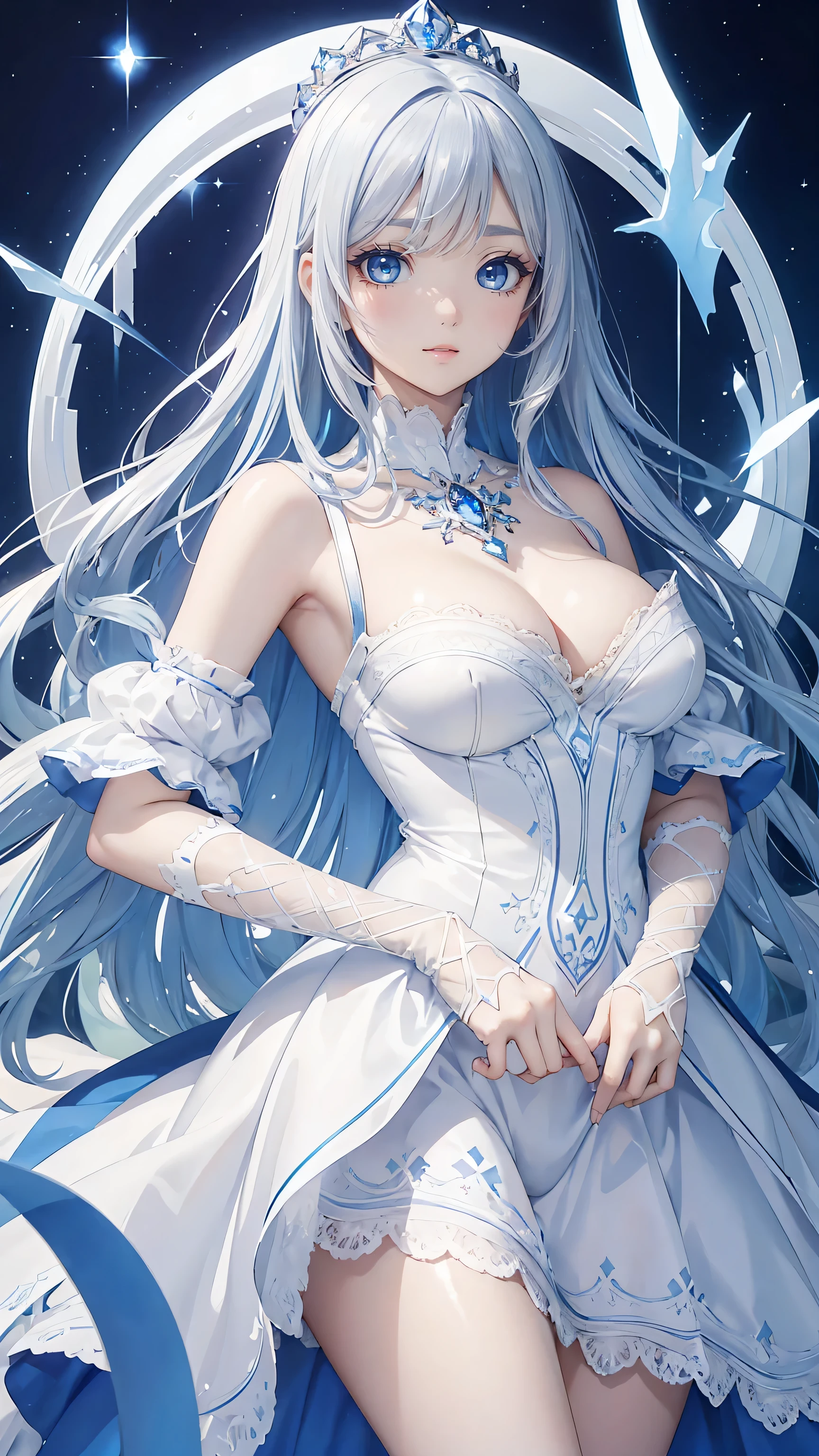 (masterpiece:1.2), (highest quality:1.2),, Curvy but slender body, perfect eyes, perfect face, perfect lighting, 1 girl, Inside the Royal Palace,take a walk，gorgeous white dress, curly hair,sculpture installation，fine clothes, Detailed snow country background, compensate, eye shadow, thick eyelashes, fantasy, looking at the viewer, whole body，alice in wonderland、blue sky、Bright and beautiful face、young shiny glossy white shiny skin、the best beauty、The most beautiful bright silver hair in the world、thin hair、super long straight hair、Shining beautiful bangs、Shining crystal clear big blue eyes、（Very beautiful and lovely, the most beautiful  girl in the world）、Ordinary breasts