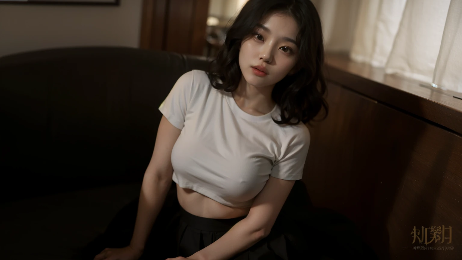 arafed asian woman in a white cropped tshirt and black skirt posing for a picture, thin asian model, tiny waistline, sultry body with sexy belly, ((massive breasts|huge breasts|tight white cropped tshirt|short sleeves)), 2 4 year old female model, ((black skirt|cotton skirt|studs)), beautiful alluring , model with attractive body, gorgeous young korean woman, gorgeous young model, young sensual graceful, gorgeous chinese model, sporty physique, ((curly bangs)), ((very dark short hair)), ((black hair in a rough shag)), wavy hair, (masterpiece:1.3), high resolution, ((sensual olive skin)), ((rich golden lighting))
