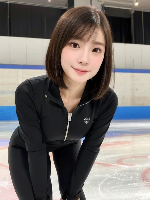 (kawaii 24 year-old Japanese girl, Nogizaka idol, Korean idol), healthy female figure skater, athletic body, (glossy black hair, messy very short hair, messy pixie cut, symmetric hair length, even length hair edges:1.3), (bangs), (extra rounded face, black eyes, single eyelid, no makeup, soft smiling:1.2), (wearing long sleeved black training half zip tops, black sports leggings:1.3), (flat chest, extra small breasts:0.8), thigh gap, (looking at viewer:1.2), BREAK, (skating at ice skate arena:1.3), (angle from below, close shot, lean forward, stretching arms on her knees:1.3), BREAK, (masterpiece, best quality, photo realistic, official art:1.4), (UHD, 8K quality wallpaper, high resolution, raw photo, golden ratio:1.2), (shiny skin), professional lighting, physically based rendering, award winning, (perfect anatomy, highly detailed skin, extremely detailed face and eyes), Carl Zeiss 300 mm F/2.8, depth of field, 1girl, solo,