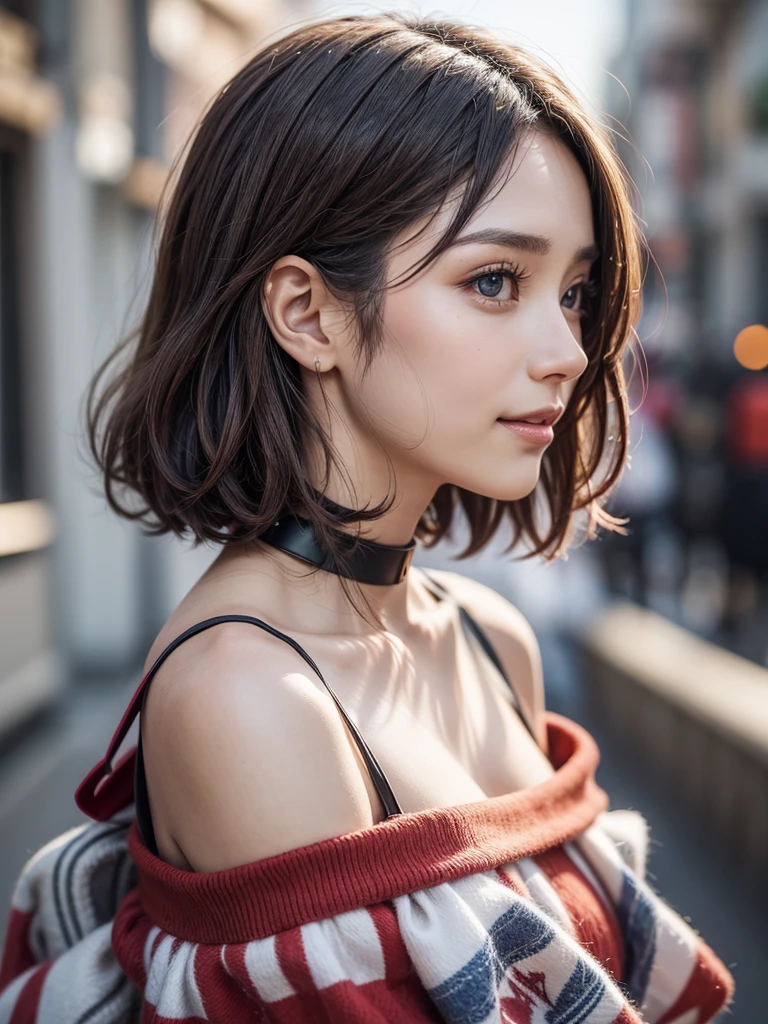 (closed:1.3),((Highest image quality, 8K,32K,Masterpiece,masterpiece: 1.2),Raw photo,(real:1.4)),_Breaking(1Girl:1.2),professional lighting,24-years-old,Beauty,beautiful,small face,oval face,Golden Ratio Face,8 heads and bodies,fine skin,beautiful肌,,double,beautiful目,delicate eyes、(smile,Happy:1.3),(Gradient brown hair,shiny hair,short hair,Randomly arranged hairstyle:1.2),light makeup,(dynamic pose, cowboy shot: 1.3),off shoulder, Red knit, blue knitwear, black shoulder strap, shoulder strap, thick choker,staring into the distance,profile,