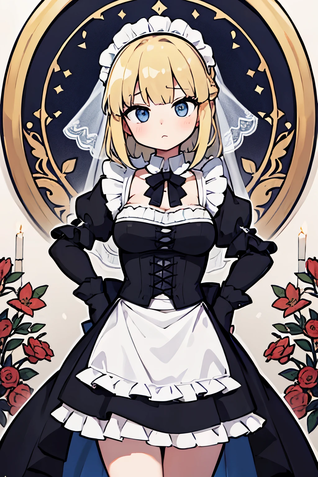 best quality, super fine, 16k, incredibly absurdres, extremely detailed, delicate, flashy and dynamic depiction, cute maid, shy, black maid uniform, veil, bonnet, ruffle frill long skirt, lace, embroidery, Medieval dress style, blonde tied updo hair style, Gothic, Romanesque, Baroque, Renaissance, Rococo, Art Nouveau, shining big round blue eyes, superlative body proportion, Northern Renaissance style, background fairytale fantasy, flower bed in the mansion