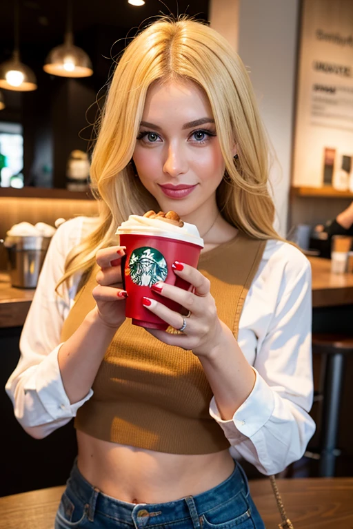 Hand of blonde woman at starbucks showing her new caramel latte, cup to go, long red nails --ar 9:16 --style raw --stylize 50