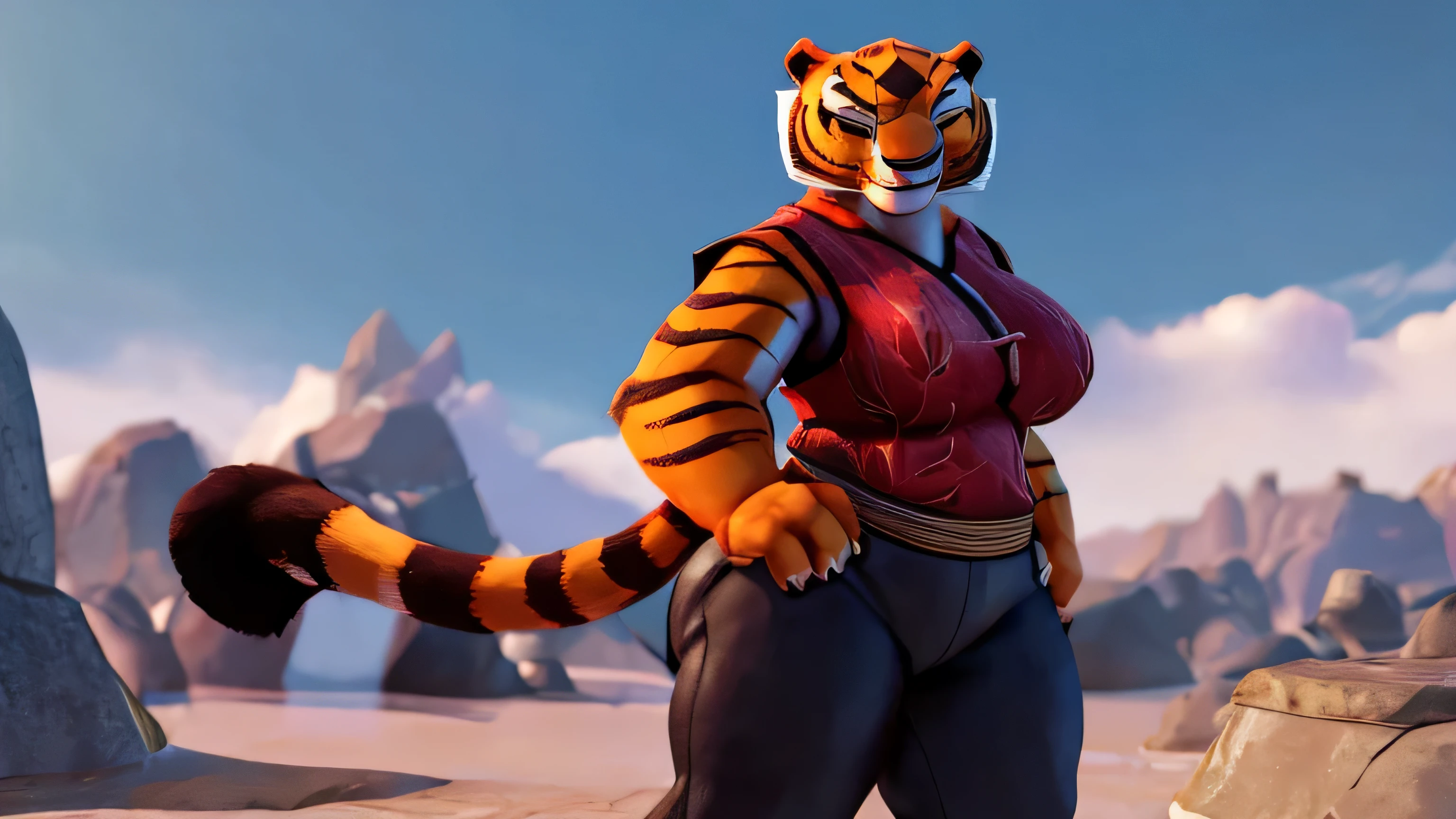 Sozinho, female, , Mestre Tigresa, colete vermelho, black pants, bunda em forma, cauda de tigre, vista traseira, (nervoso), Sorriso, standing, fundo do castelo, corpo todo, alta qualidade, 8k, 3d, estilo dreamworks