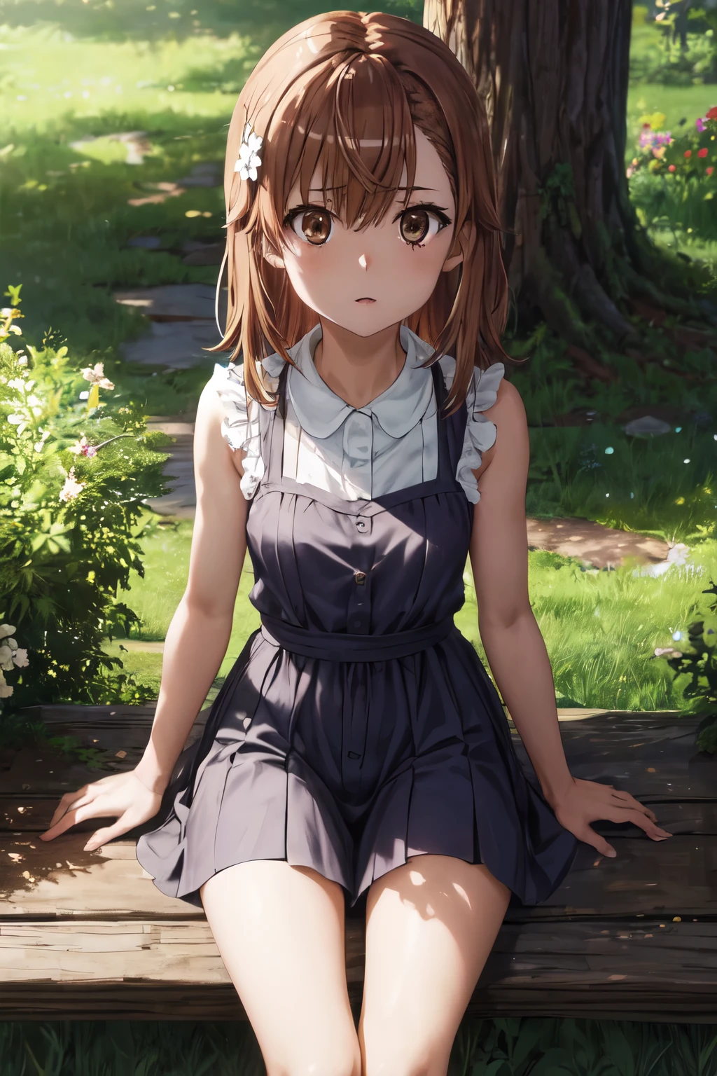 Una chica de anime en un campo de hierba,sentada en la hierba, 1girl, sola,piernas abiertas,Exposed , completamente desnuda, sin censura,piernas abiertas,obra maestra,mejor calidad,censurado, brown hair, Misaka Mikoto, brown eyes, senos, small breasts, completamente , , sonrojarse, Cerco, Censura de mosaicos, pelo corto, piernas abiertas, valla de alambre, tag