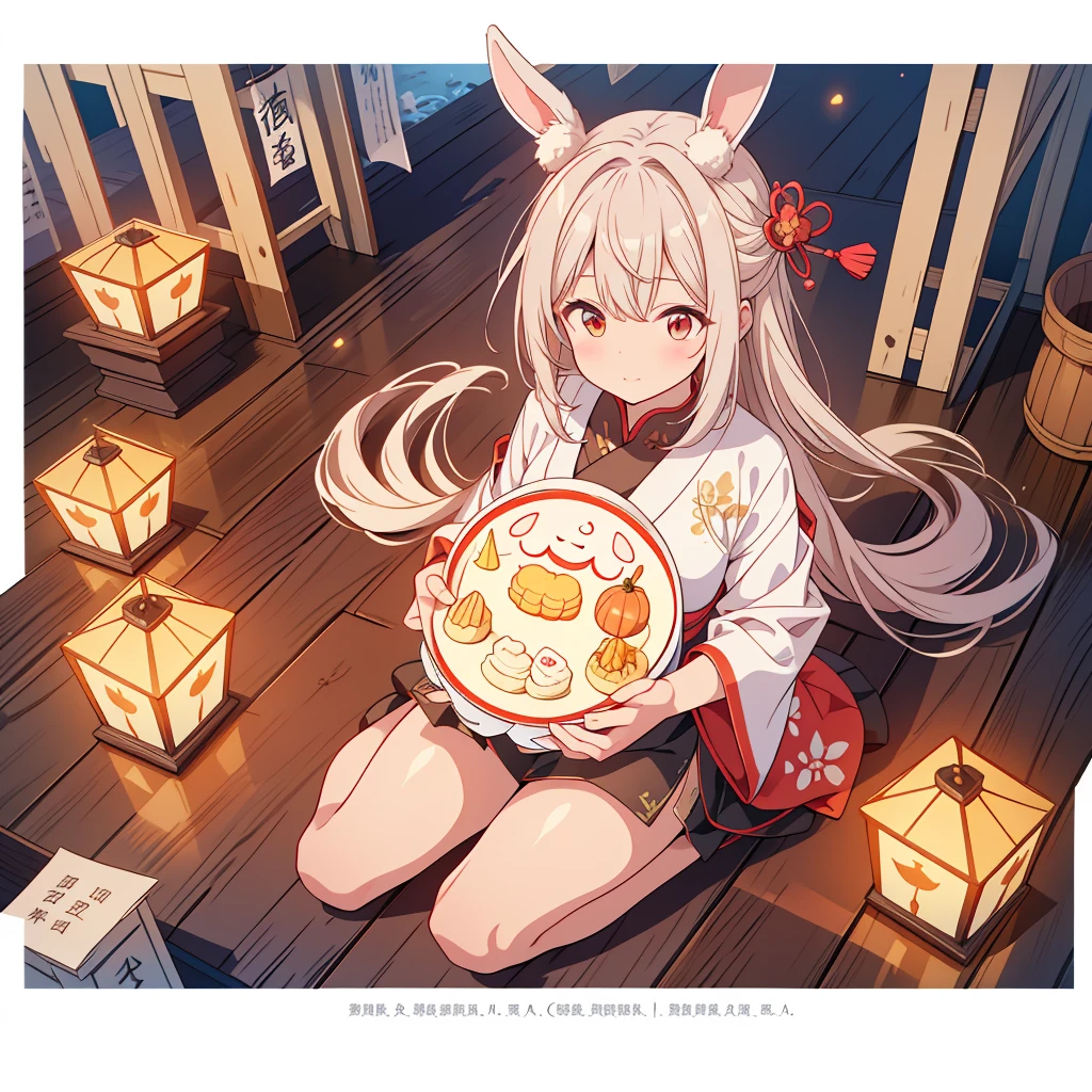 (rabbit:1.4)、sitting on the ground、look up、((mid-autumn festival atmosphere;1.2、Kinmokusei、Kongming lantern、men scoon cake))、(Chinese character:1.3)、traditional chinese illustration style、digital art、simple background、A masterpiece on a white background、最high quality、Super detailed、high quality、4K
