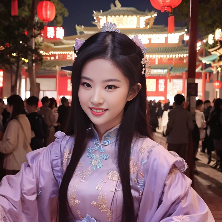 ((top quality、on the table、8K、Top image quality、Highly complex and detailed description))、(The most gorgeous Chinese prostitute:1.5)、(40 years、milf、There are wrinkles on the face、very bright、Very saturated)、Chinese garrison house at night、((The most gorgeous prostitution goddess huge costume、Most vivid、The most luxurious clothing、long clothing、The most luxurious、The largest garrison、Unimaginably luxurious garrison、purple and pink garrison、It is depicted against the backdrop of a large and luxurious garrison.、Huge master house at midnight、Decoration is very complicated、Very clear garrison))、(check me、charming smile、Perfect makeup、long eyelashes、pink lipstick、pink eye shadow、perfect anatomy、biggest smile)、(Clear background of huge garrison:1.3)