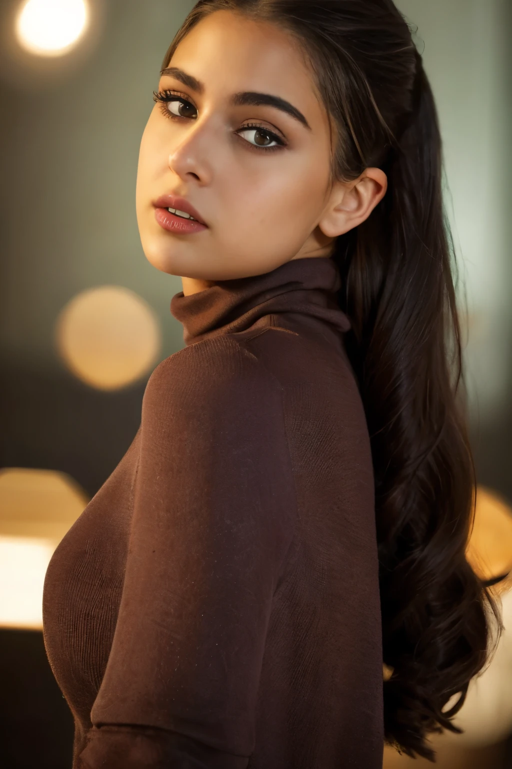 Photography of a woman, beautiful gorgeous face, ((close body)), (wearing turtleneck t-shirt), cute, ((dark brown iris)), perfect body, cinematic lighting, bokeh, 8k, uhd, soft shadows, masterpiece, (very detailed face lips eyes), round medium , long brunette hair, high ponytail, ((extremely proportion)), ((hyper detailed)), ((photorealistic)), ((absolutely gorgeous face))