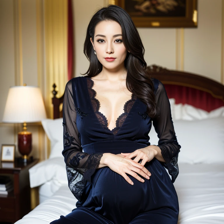 ((masterpiece, best quality, Award-winning works、Highest resolution, Photo realism, original photo, 8k wallpaper)), (Romantic professional lighting:1.2), Very detailed, Writing border depth、(Pregnant)、 (1 45 years old:1.1)、(Accurate human body:1.1)、(Elegant Berry Long Hair:1.1)、Slender and soft body、(Elegant embellished lace navy black pajama:1.2)、Perfect makeup、(Full and soft cleavage)、long eyelashes、lipstick、beautiful thick lips, (Look at me excited:1.2)、(Standing in the room with an elegant posture:1.2)、(Portrait of a woman kneeling:1.1)、(The background is a luxurious hotel bedroom with a strong atmosphere...:1.2)、(A huge bed that takes up the entire screen:1.2)、Perfectly accurate navy black pajamas、(blurred background:1.1)、(Let me'I take the most beautiful photos、The most perfect photo of a woman looking at me:1.1)、(Strong, grumpy, The warm light that illuminates women:1.1)、(Beautiful sexy woman:1.1)、(Beautiful wet eyes looking at me:1.2)、(very short hair:1.1)
