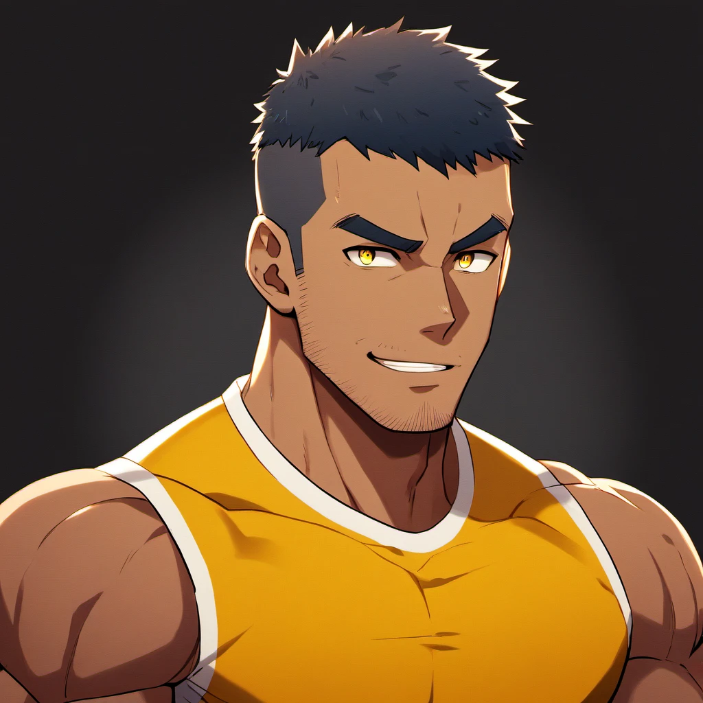 anime characters：Gyee, Fitness coach, Chocolate skin, 1 muscular tough guy, Manliness, male focus, Turmeric sleeveless stretch tight T-shirt, Very tight, Tight T-shirt for chest expansion, Slightly transparent, muscular male, muscular, only, Upper body, alone, Black short hair, Thick eyebrows, stubble, Yellow eyes, Black background, simple background, amazing quality, best aesthetics, Ridiculous, bright pupils, crew cut, parted lips, forced smile, drop shadow, best quality