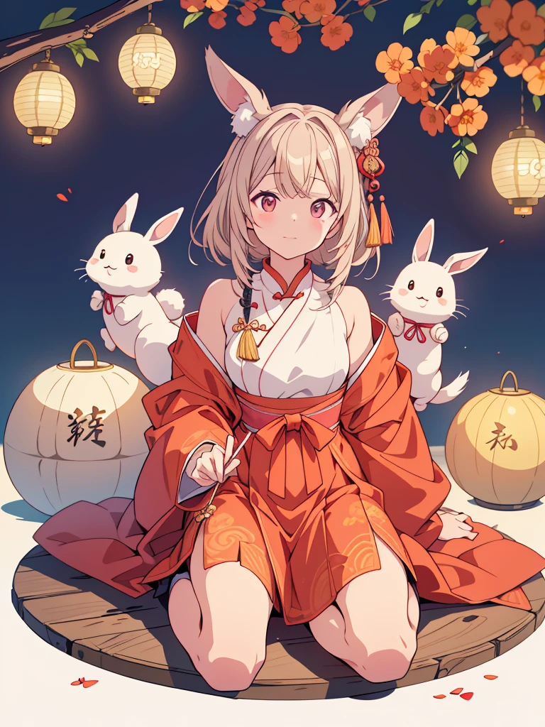（rabbit：1.4）、sitting on the ground、look up、（（mid-autumn festival atmosphere；1.2、Kinmokusei、Kongming lantern、men scoon cake））、（Chinese character：1.3）、traditional chinese illustration style、digital art、simple background、A masterpiece on a white background、最high quality、Super detailed、high quality、4K