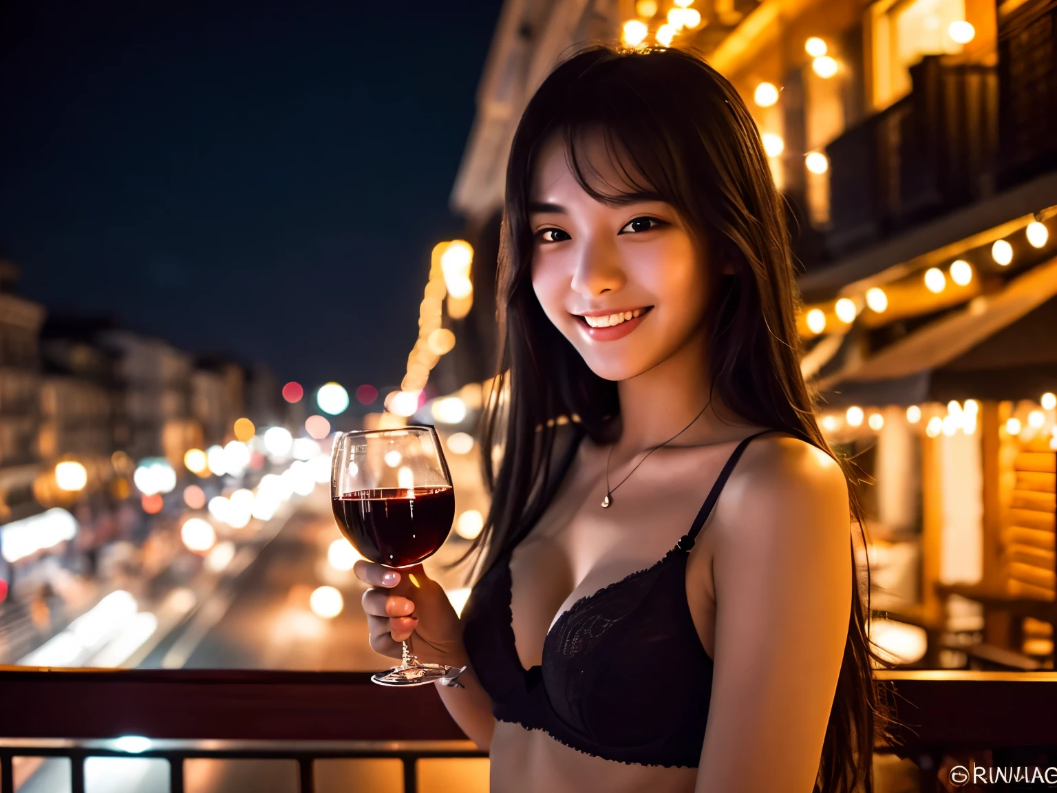 A 20-year-old with a cute, youthful face like an idol smile gently rather large bust In underwear holding a glass of red wine Late-night terrace of a stylish Western-style building dark lighting good atmosphere at night Raw photo genuine real High definition Do not display copyright