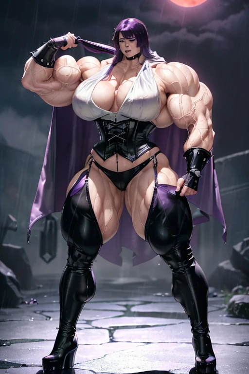 (((((Massive, tall, beautiful, buff, wet, pale white skinned muscular woman with violet purple hair, black lipstick, ginormous bulky muscles, wearing a black leather corset with tight pants and hooded cape))))), (red background), close view, ((massive muscles)), massive biceps, hyper muscle shoulders, hyper muscle triceps, (long hair with long bangs), glowing black eyes, choker, (chain belt), black spiked boots, (spiked gauntlets), (fingerless gloves), (in a raining dark island), confident smirk, night, red moon, (red skies), hyper vascular arm, hyper muscles arms, hyper muscle legs, (ginormous arms).
