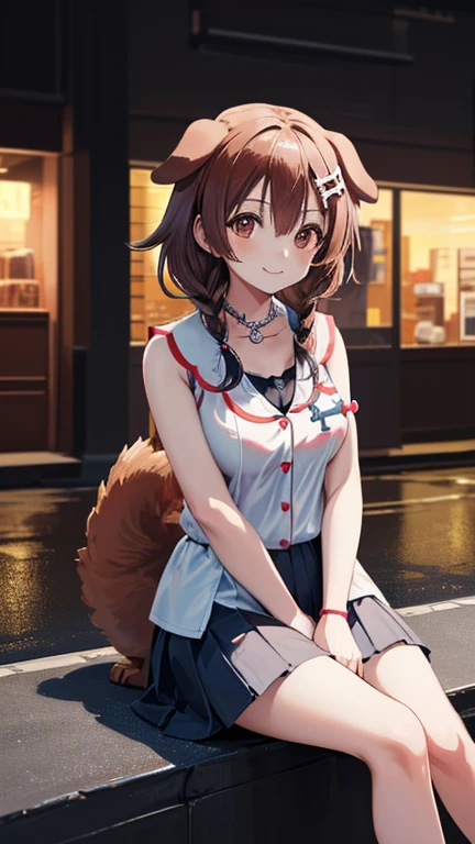 Daiwa Scarlet、Red-brown hair、Twin-tailed、Long long hair、Long twintails、Red eyeball、red eyes、Very long horse ears、、、、、took a full body photo of a Japanese girl wearing a school uniform,Squat down and show white underwear、Squatting down and seeing white panties、 the girl sat squatting with her legs spread apart as if deliberately showing her panties, she was squatting on the sidewalk giving a sexy pose with a lewd face, she must have thic and sexy areolas,, her chest must be big.ultra gigantic tits、Tense udder、 Please make her look like a typical Japanese school girl in a white blouse, huge smile、Smile like a little devil, Black shoes, knee socks and a very short pleated skirt. captures the natural lighting of the scene with a bright, sunny ambiance. Make sure your photos look authentic、The background is the downtown road、
