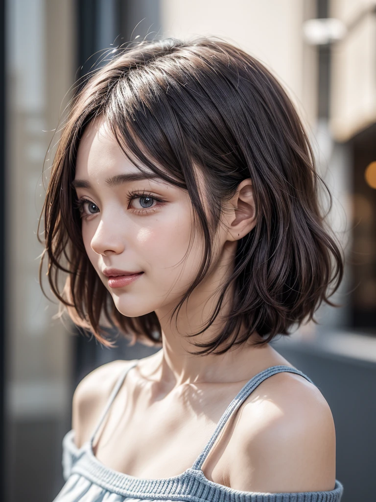 (closed:1.3),((Highest image quality, 8K,32K,Masterpiece,masterpiece: 1.2),Raw photo,(real:1.4)),_Breaking(1Girl:1.5),professional lighting,24-years-old,Beauty,beautiful,small face,oval face,Golden Ratio Face,8 heads and bodies,fine skin,beautiful肌,,double,beautiful目,delicate eyes、(smile,Happy:1.3),（Gradient brown hair,shiny hair,short hair,Randomly arranged hairstyle:1.2),light makeup,(dynamic pose, cowboy shot: 1.3),off shoulder, Red knit, blue knitwear, black shoulder strap, shoulder strap,staring into the distance,profile,