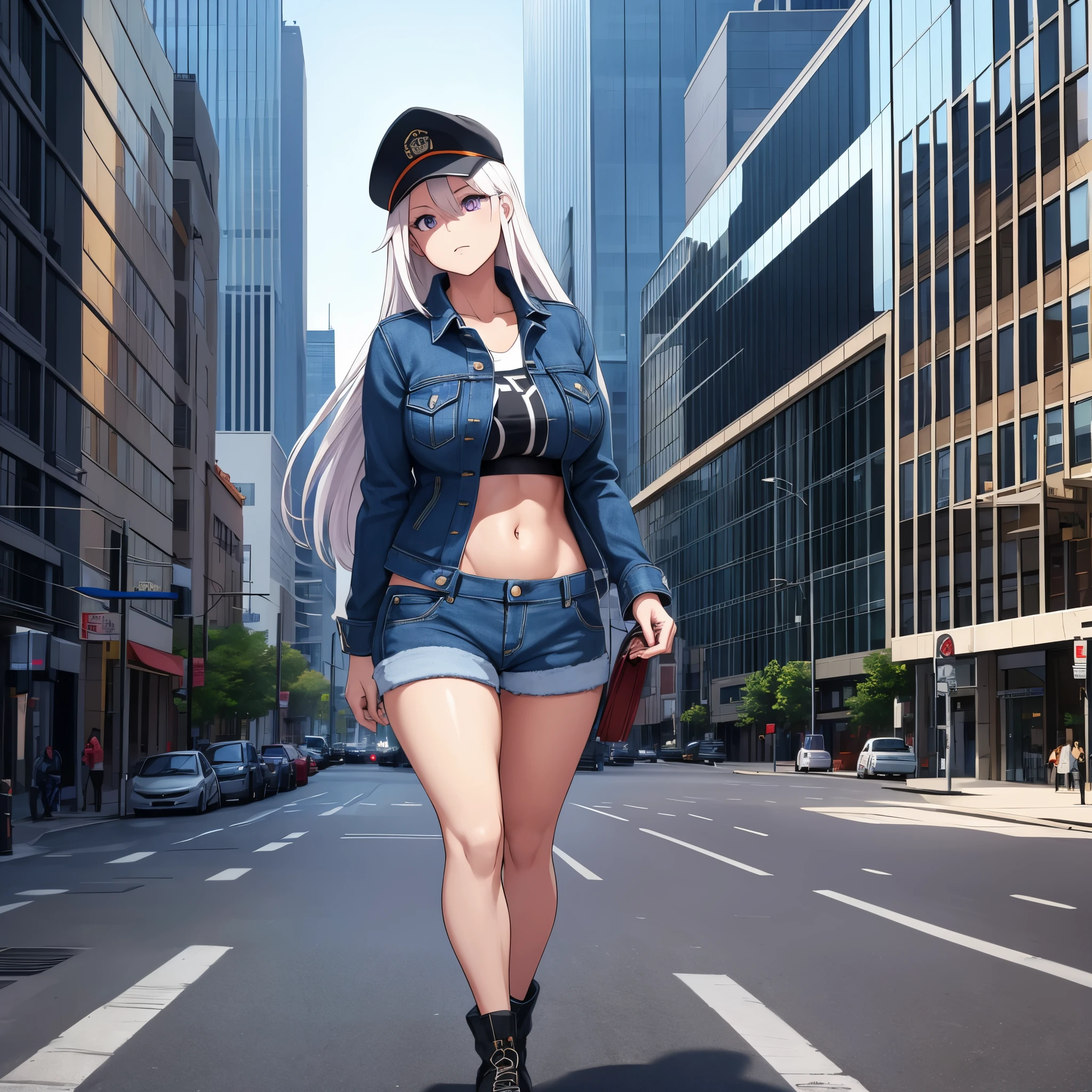 a woman wearing a United States style denim jacket, denim shorts, long white hair, purple eyes, wearing a black hat, big breasts, walking on a sidewalk a big city with several large buildings, with glass windows reflecting the places,,HDR, masterpiece, well defined, ultra resolution, high quality, 8k HD. (just a woman, solo)
