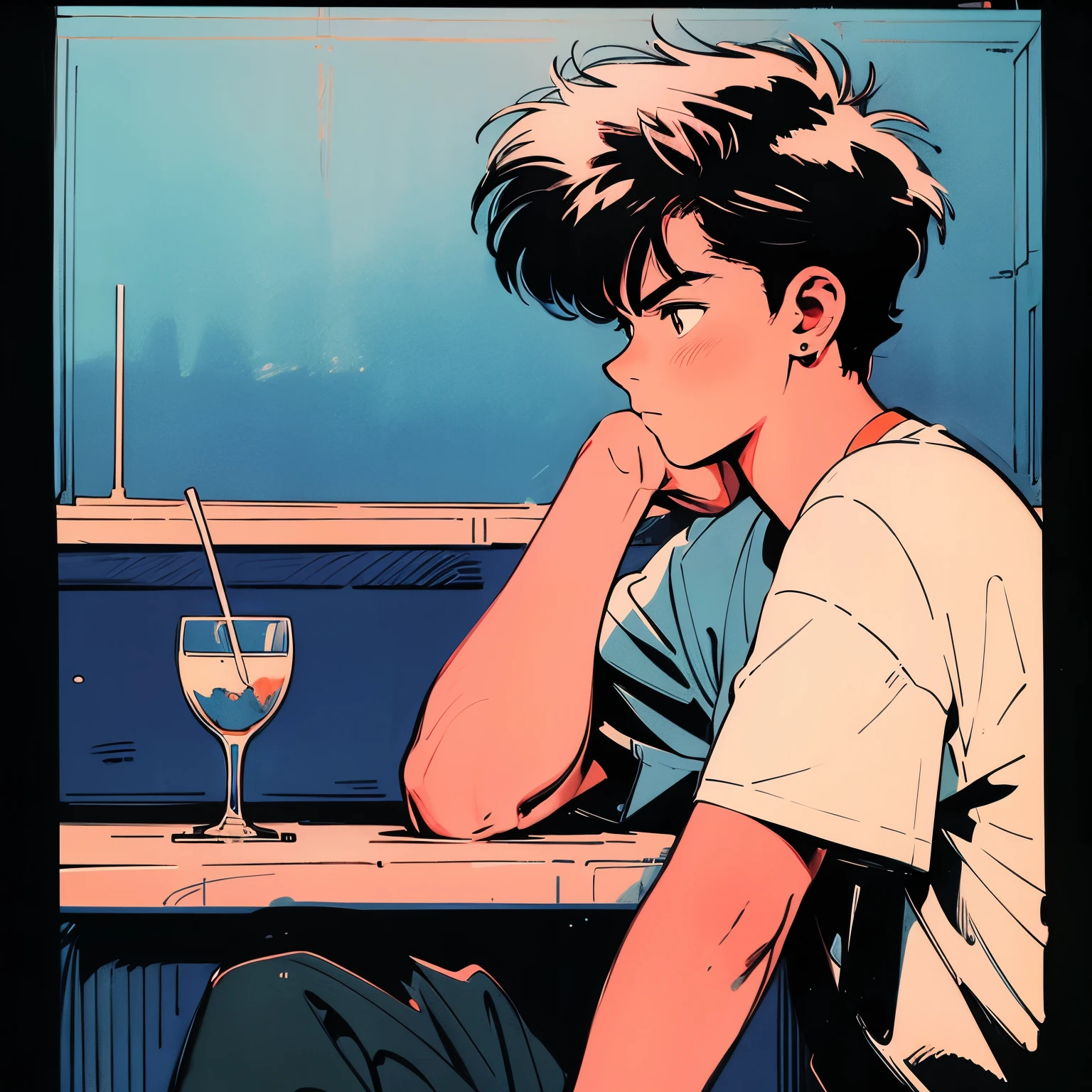 High definition,8K,high quality,1 male,good looking,30 generations,earrings,full body shot,wide angle lens,ultra wide angle,Lens distortion,Distance,鼻earrings,silver hair,short hair,short sleeve,displeased look,lonely,bust shot,オーbarサイズ,black t-shirt,profile,High definition,8K,high quality,night club,dark room,bar,counter,glass of alcohol, night, resting on chin