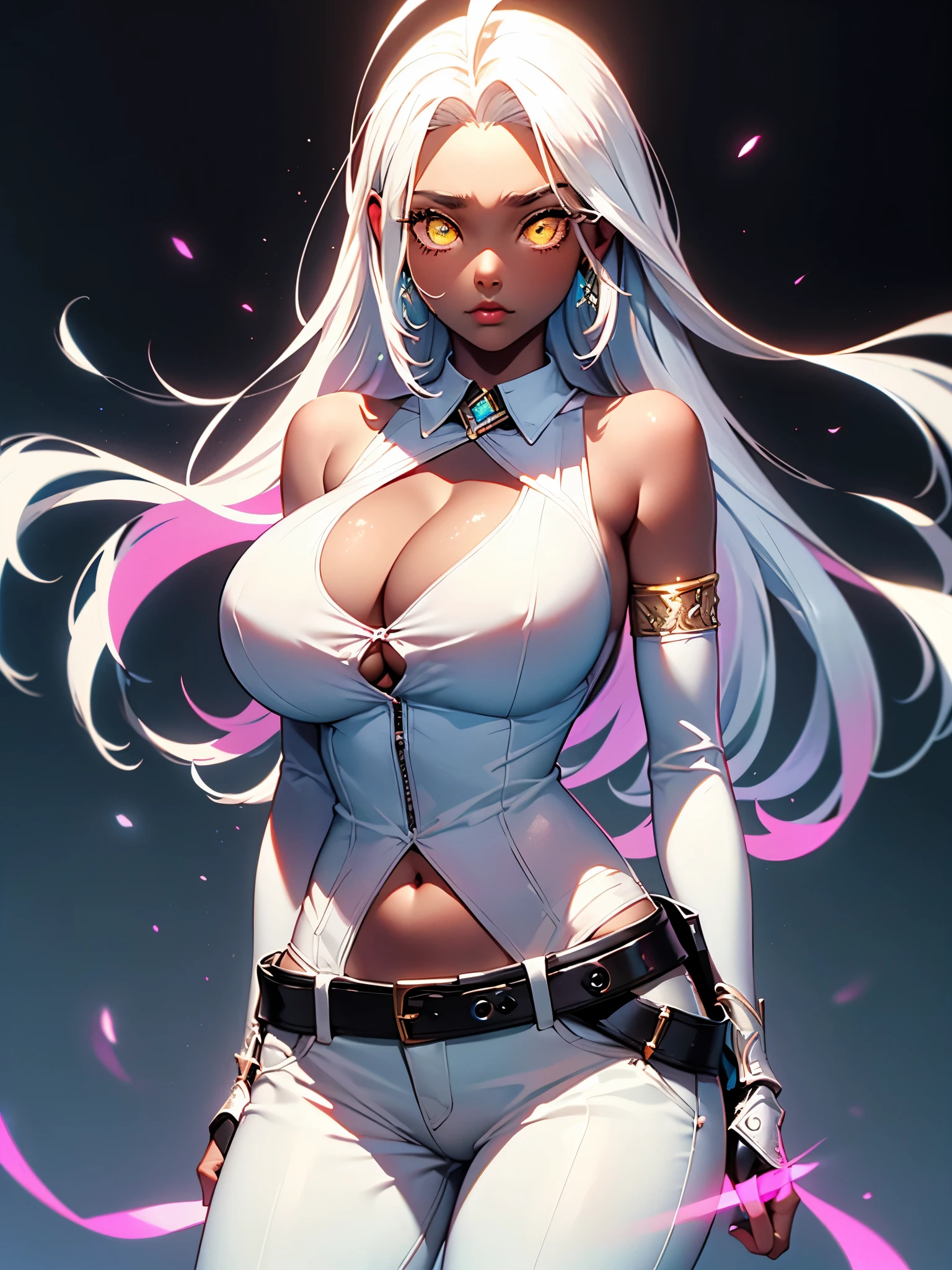 (Super detailed:1.3), ((((best quality)))), ((masterpiece)), (alone), female focus, solo, ((white hair)), ((yellow eyes)), (glowing eyes:1.2), (hair slicked back), ahoge, long hair, (slicked back hair), ((white shirt:1.1)), partially unbuttoned, cleavage, ((huge breasts)), bare shoulders, bare arms, detached sleeves, (ethereal gauntlets:1.1), (pants), (one sided pants), ((one thigh bare:1.2)), nervous, (dark skin:1.4), hotify, prettify, stunning beauty, (visible hips), powerful glow, no background, ((nervous:1.4)), ((fantasy:1.4)), hands behind back, ethereal glow