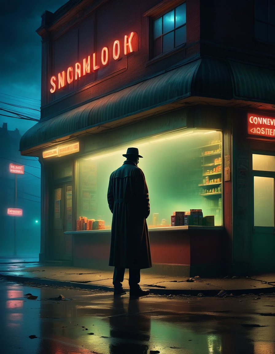 (a midnight convenience store),(A drunkard in front of a convenience store), (pitch-black sky), (desolate landscape), (loneliness), (desolation), (horror), (eerie), (mysterious), (dark), (best quality,4k,8k,highres,masterpiece:1.2), (ultra-detailed), (realistic,photorealistic,photo-realistic:1.37), HDR, UHD, (studio lighting), (vivid colors), (concept artists), (sinister shadows), (flickering fluorescent lights), (abandoned atmosphere), (creepy silence), (haunting presence), (smoky air), (mysterious silhouette), (uneasy feeling), (isolated building), (empty shelves), (tattered curtains), (moonlight casting eerie glow), (ominous fog), (glowing neon sign), (forgotten objects), (old-fashioned cash register), (broken windows), (strange noises echoing), (hidden secrets), (muted tones), (surreal ambiance), (distant footsteps), (air of mystery), (uncanny stillness).