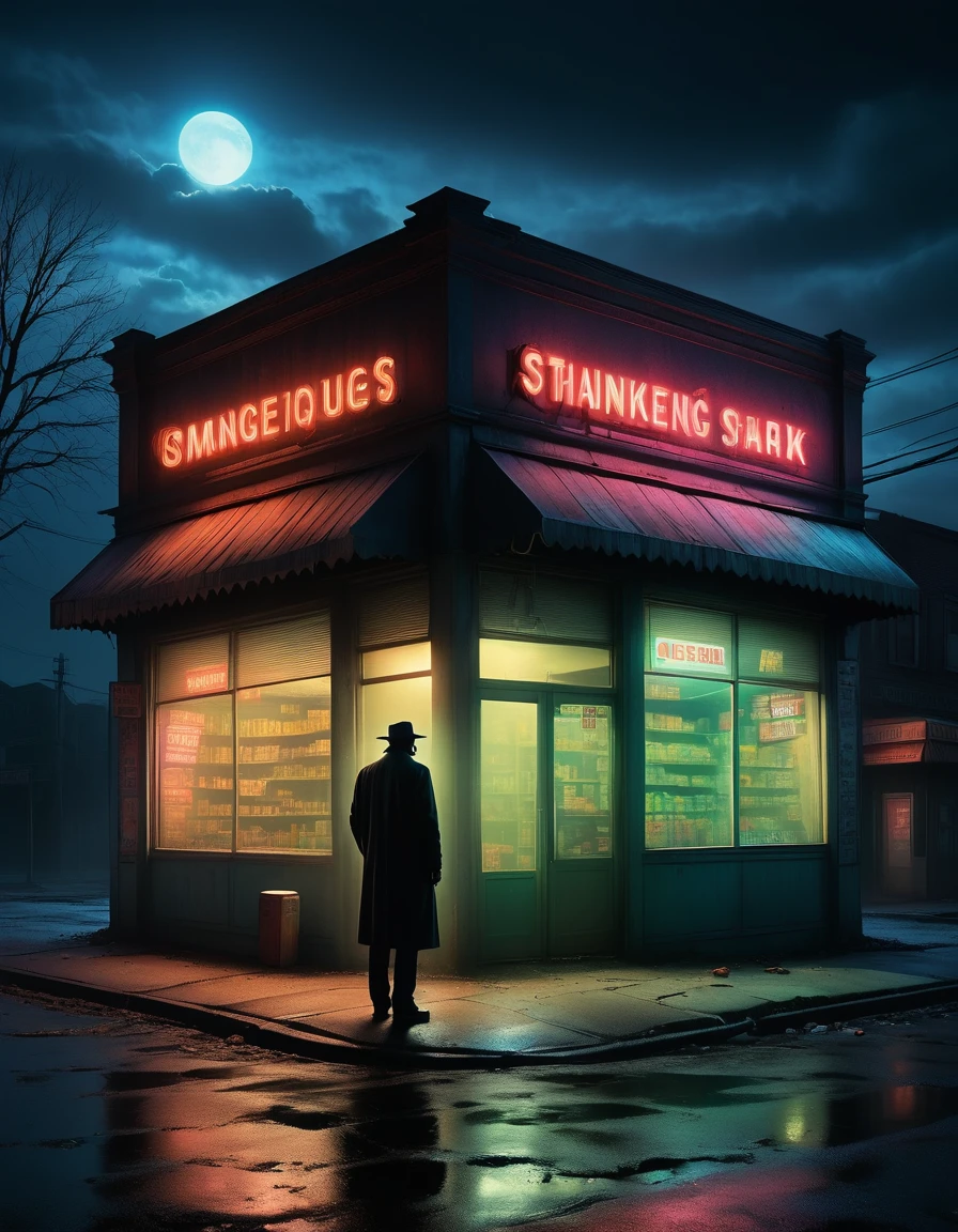 (a midnight convenience store),(A drunkard in front of a convenience store), (pitch-black sky), (desolate landscape), (loneliness), (desolation), (horror), (eerie), (mysterious), (dark), (best quality,4k,8k,highres,masterpiece:1.2), (ultra-detailed), (realistic,photorealistic,photo-realistic:1.37), HDR, UHD, (studio lighting), (vivid colors), (concept artists), (sinister shadows), (flickering fluorescent lights), (abandoned atmosphere), (creepy silence), (haunting presence), (smoky air), (mysterious silhouette), (uneasy feeling), (isolated building), (empty shelves), (tattered curtains), (moonlight casting eerie glow), (ominous fog), (glowing neon sign), (forgotten objects), (old-fashioned cash register), (broken windows), (strange noises echoing), (hidden secrets), (muted tones), (surreal ambiance), (distant footsteps), (air of mystery), (uncanny stillness).