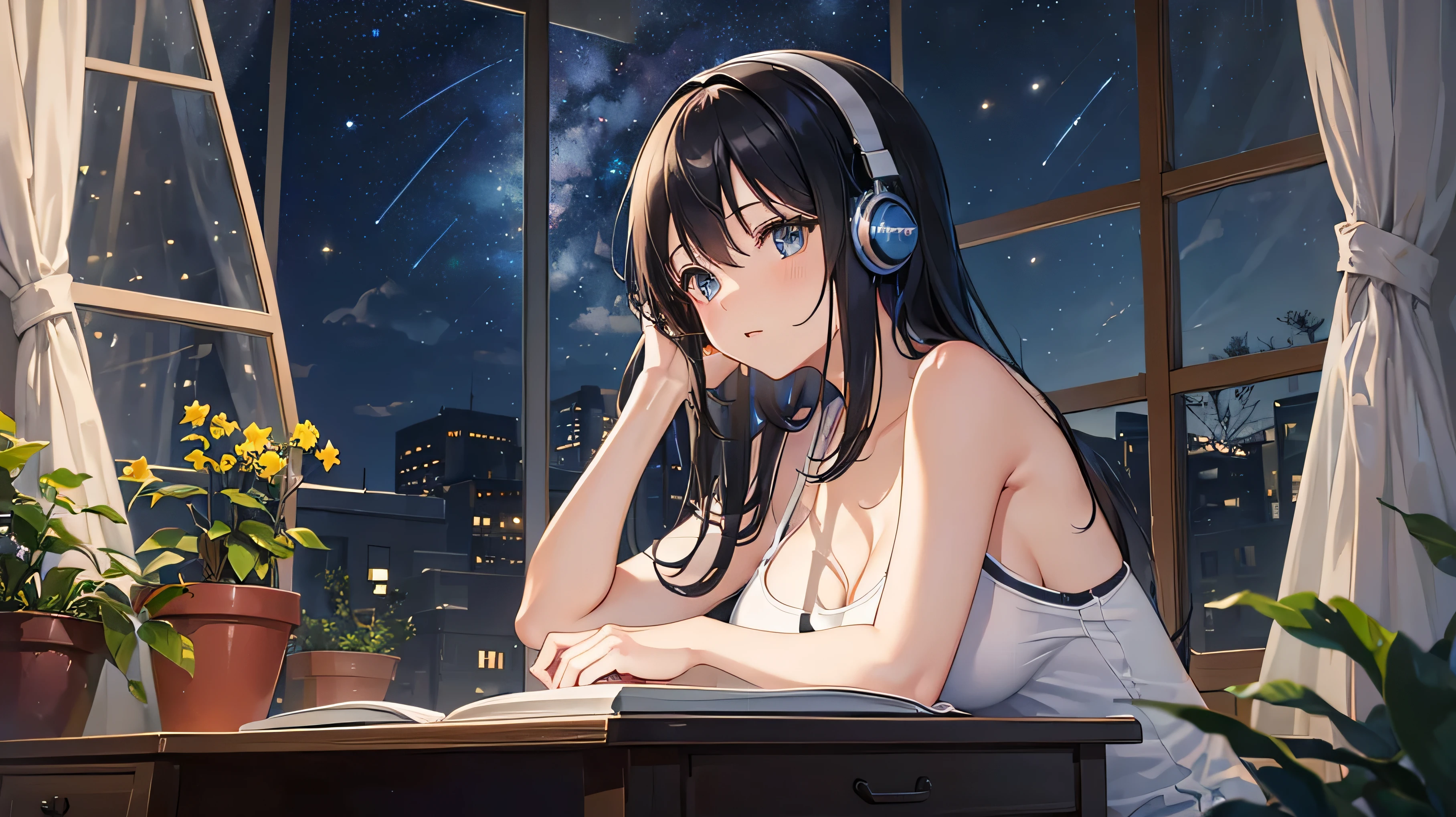(((At the window on a beautiful starry night))),put on headphones,get on your elbows,(Black Haired Girl),Tank top,big breasts,(studying)