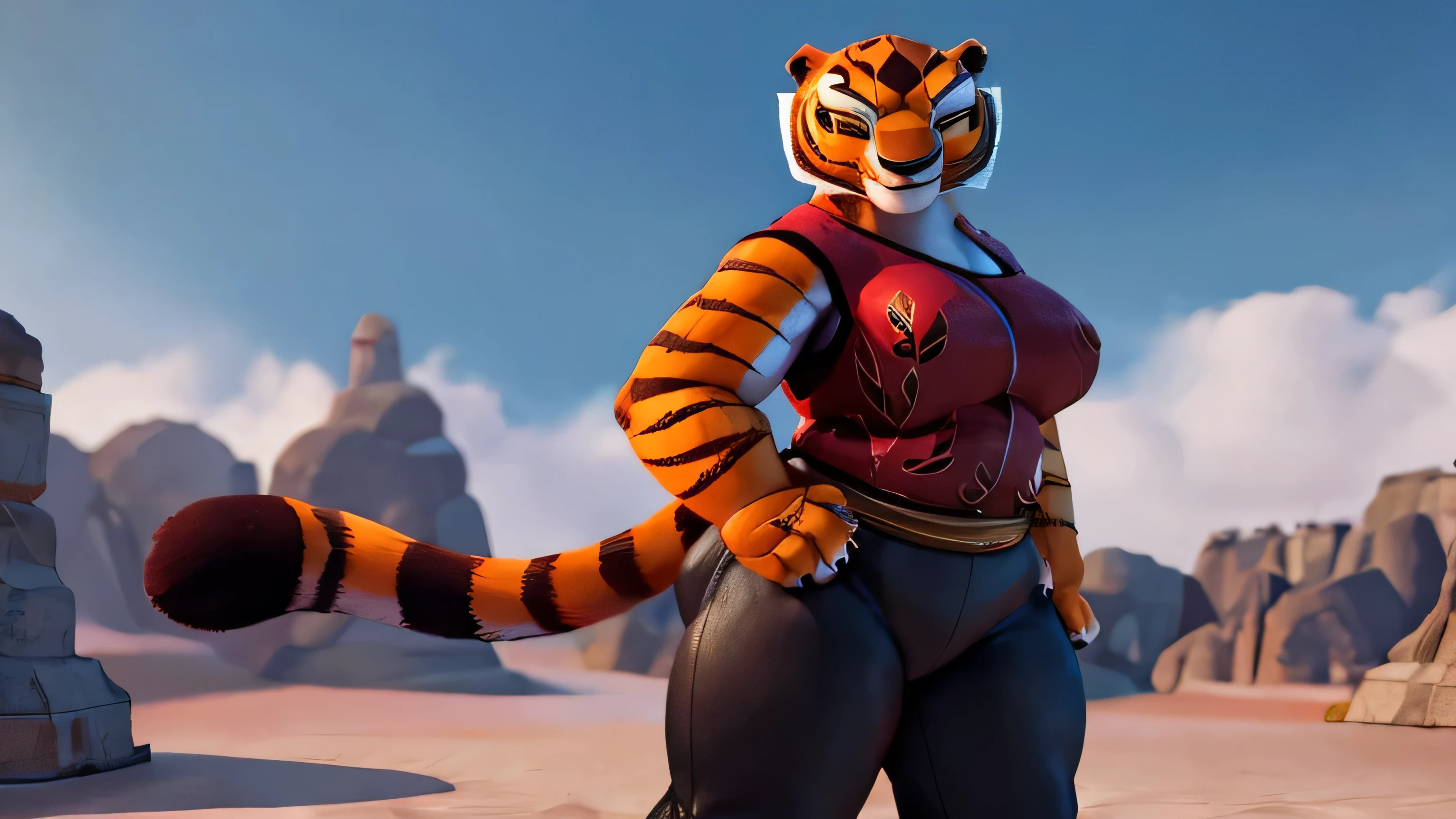 Sozinho, female, , Mestre Tigresa, colete vermelho, black pants, bunda em forma, cauda de tigre, vista traseira, (nervoso), Sorriso, standing, fundo do castelo, corpo todo, alta qualidade, 8k, 3d, estilo dreamworks