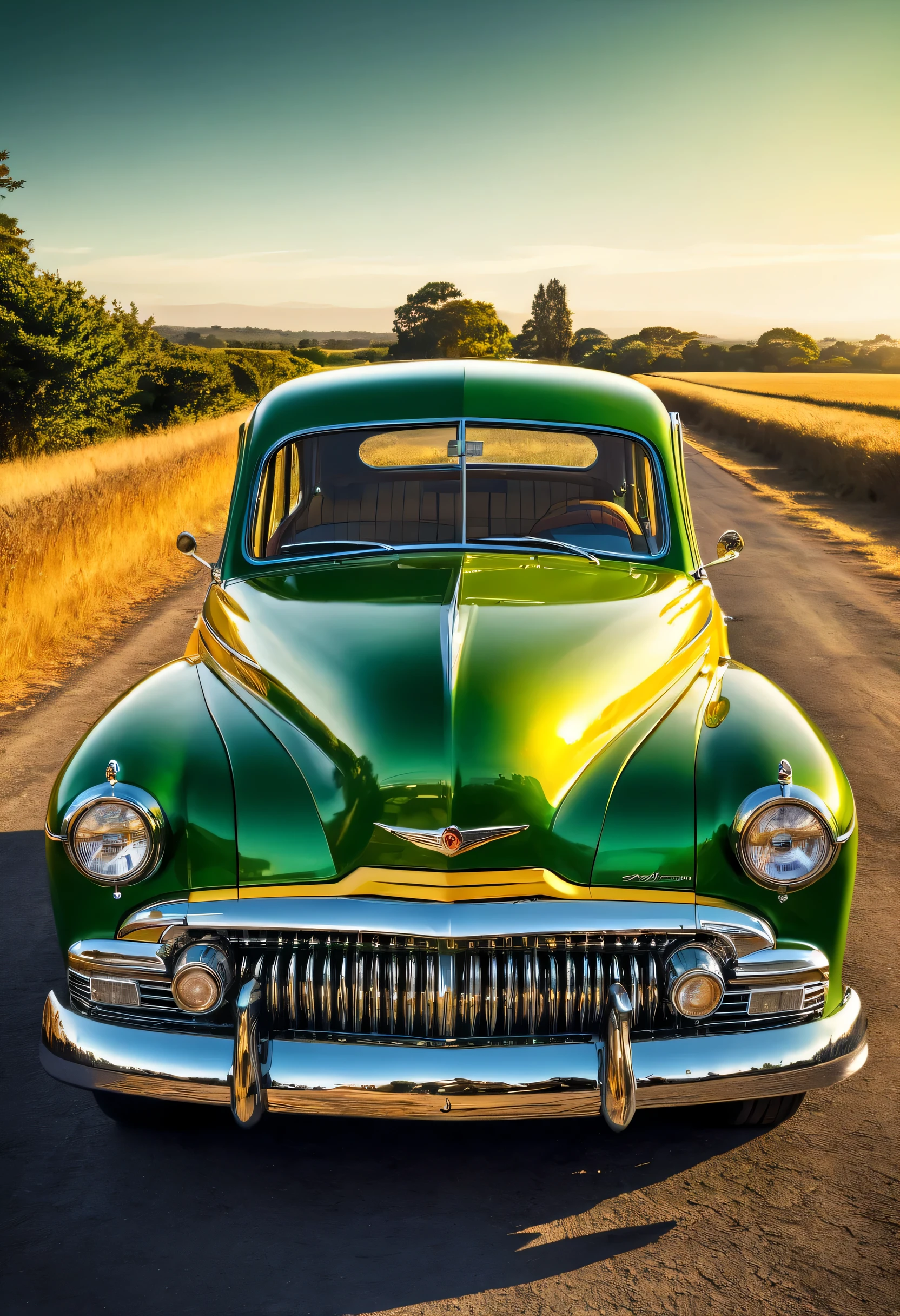 arafed image of a green and yellow car parked on a road, a portrait by Wayne England, pixabay contest winner, photorealism, in style of mike savad”, classic car, photobashing, vehicle photography, vintage car, hd wallpaper, auto photography, desktop background, classic cars, photo render, portrait, golden hour”, green and yellow, vintage cars